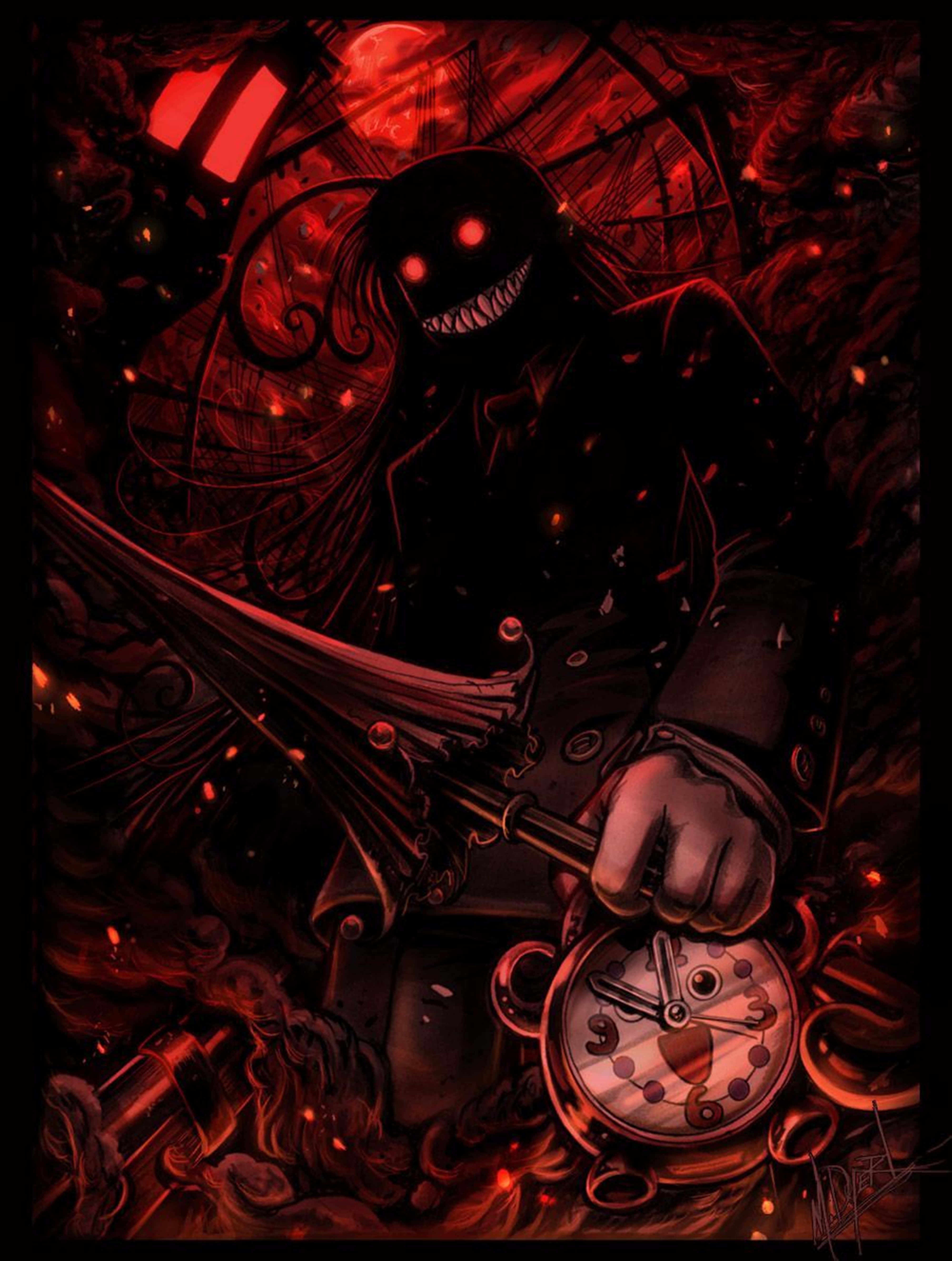 《Hellsing Ultimate》角色阿卡特4K畫面 壁紙 — 一個帶有邪惡氣息的紅色身影，雙眼發光，咧嘴大笑，在旋轉的黑暗煙霧中拿著一個破鐘和一把雨傘。