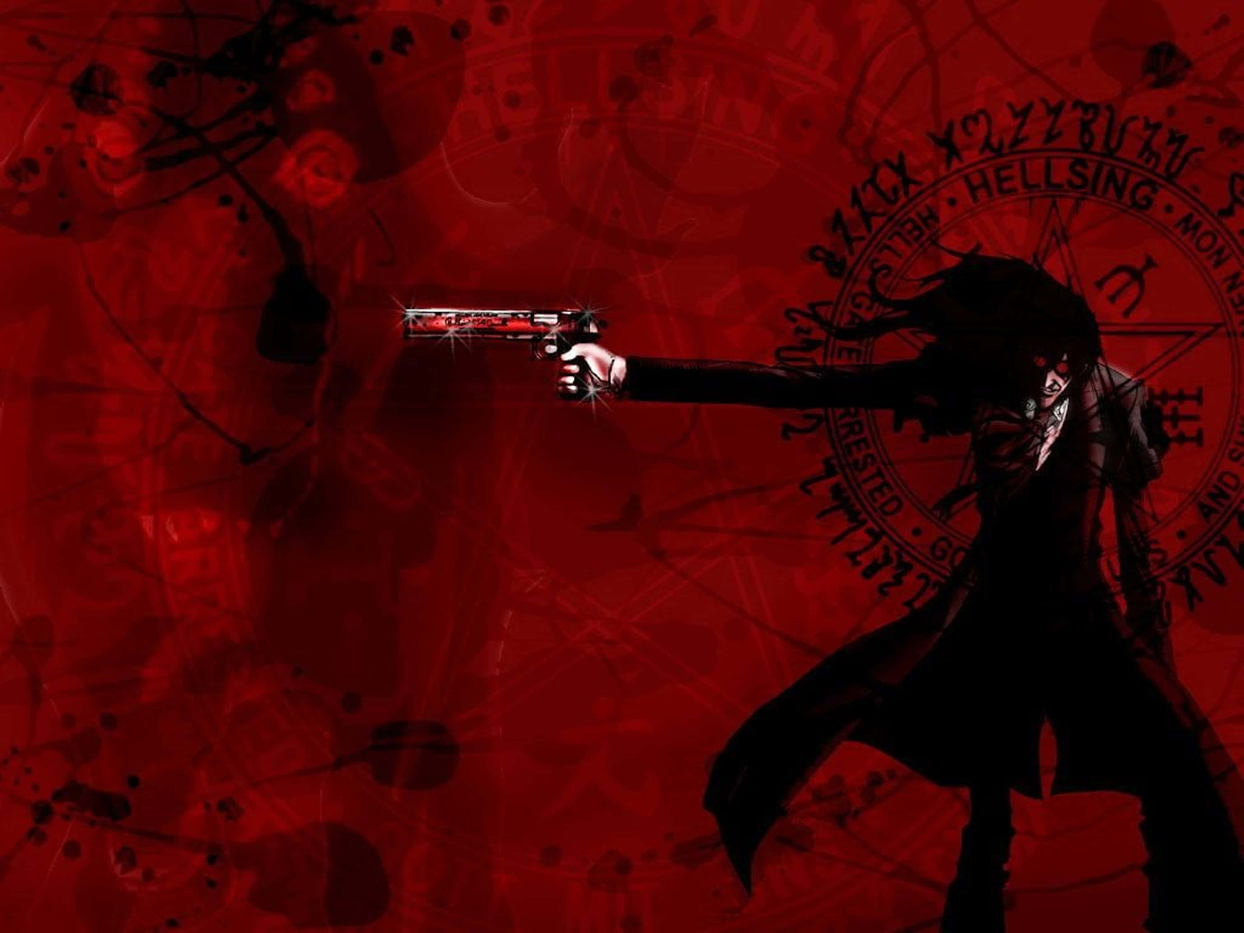 《Hellsing Ultimate》神秘角色4K畫面 壁紙 — 一個黑暗的動漫角色以剪影形式瞄準一把發光的槍，背景是充滿神秘符號的血紅色。