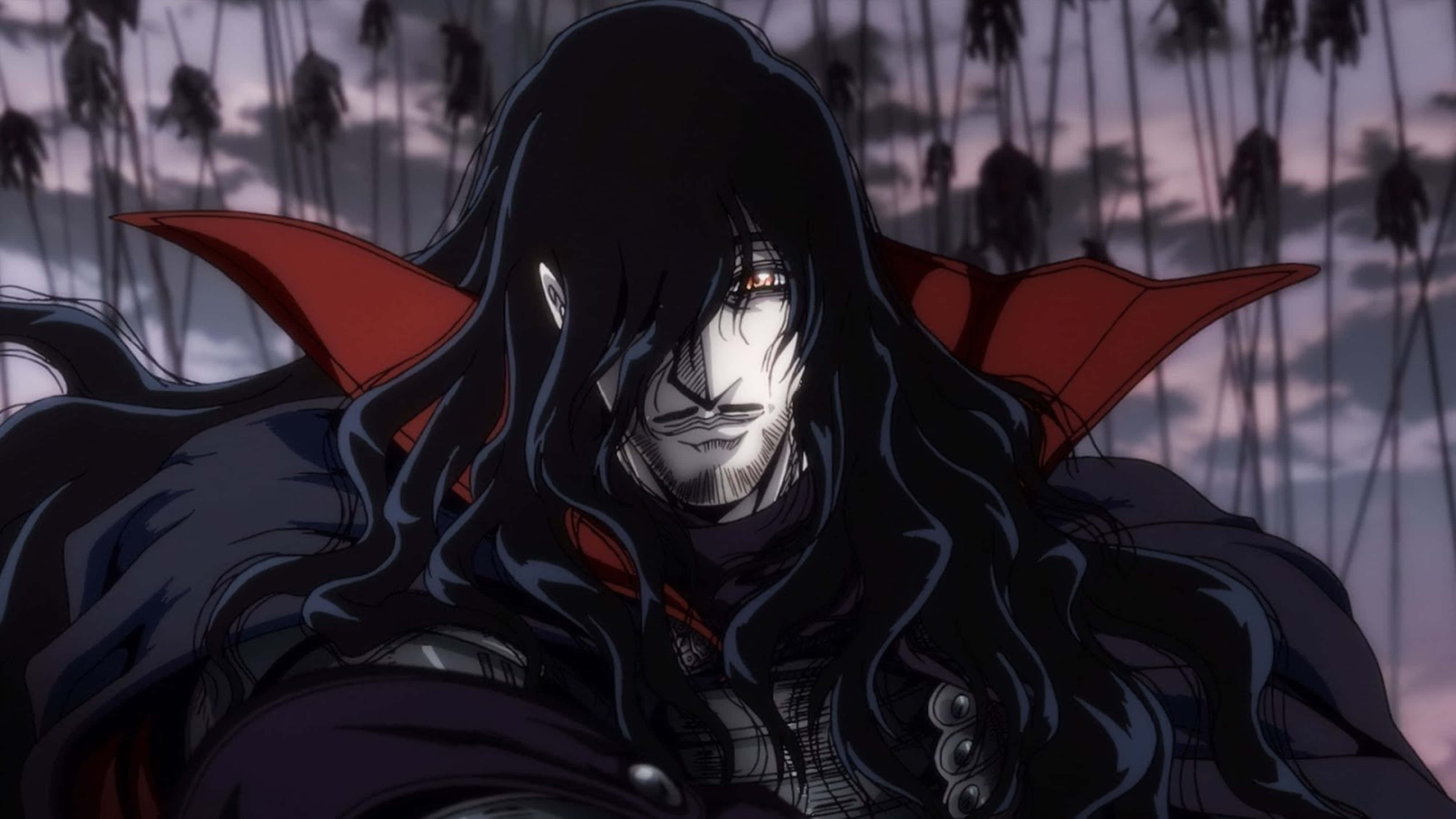 Hellsing Ultimate 熱血戰鬥場景 4K 壁紙 — 一個黑髮的動漫吸血鬼，披著紅色斗篷，在黃昏背景下，高大的陰影樹木中莊嚴地站立。