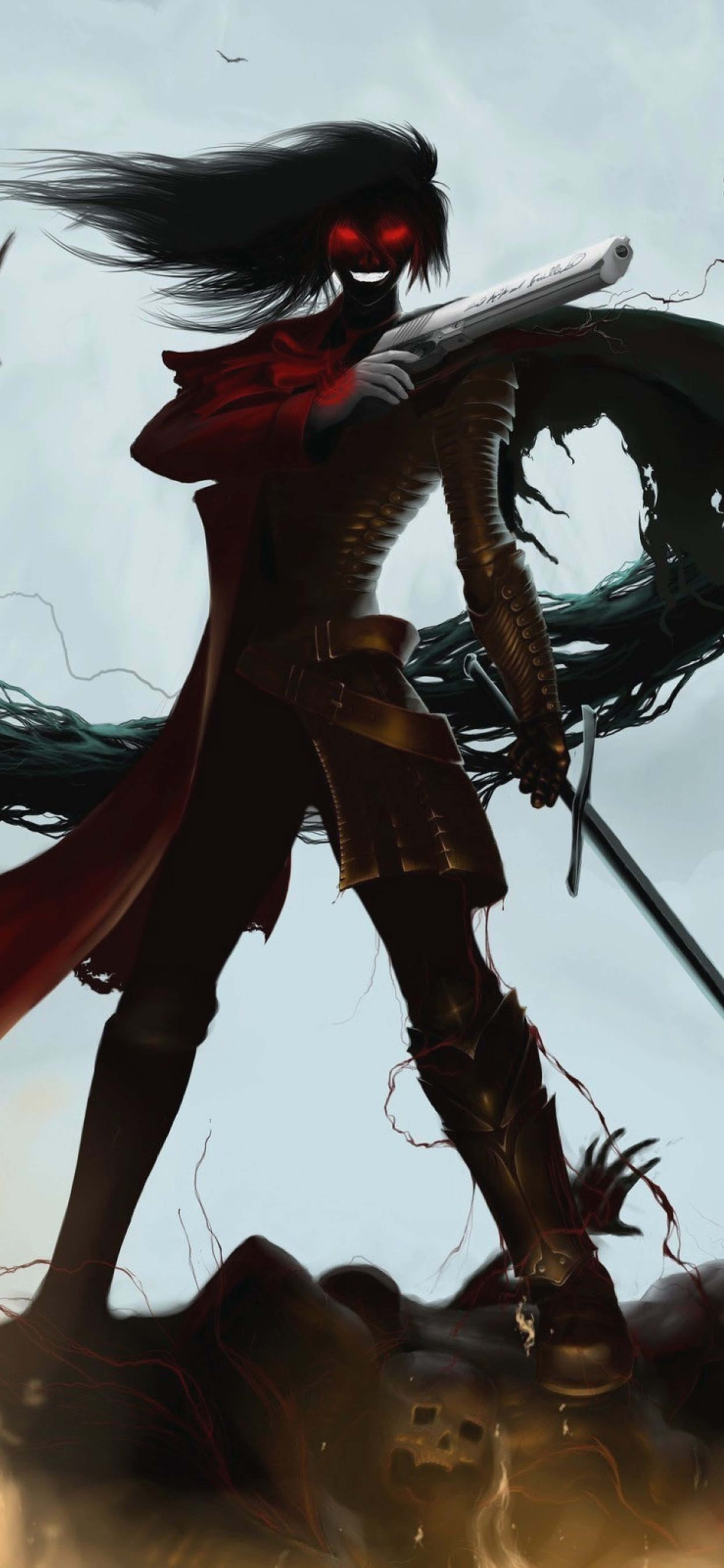 《Hellsing Ultimate》4K高畫質對峙場景 壁紙 — 一位深色頭髮的動漫戰士，擁有發光的紅色眼睛，站在頭骨上，手持霰彈槍和劍，背景是暴風雨的天空。
