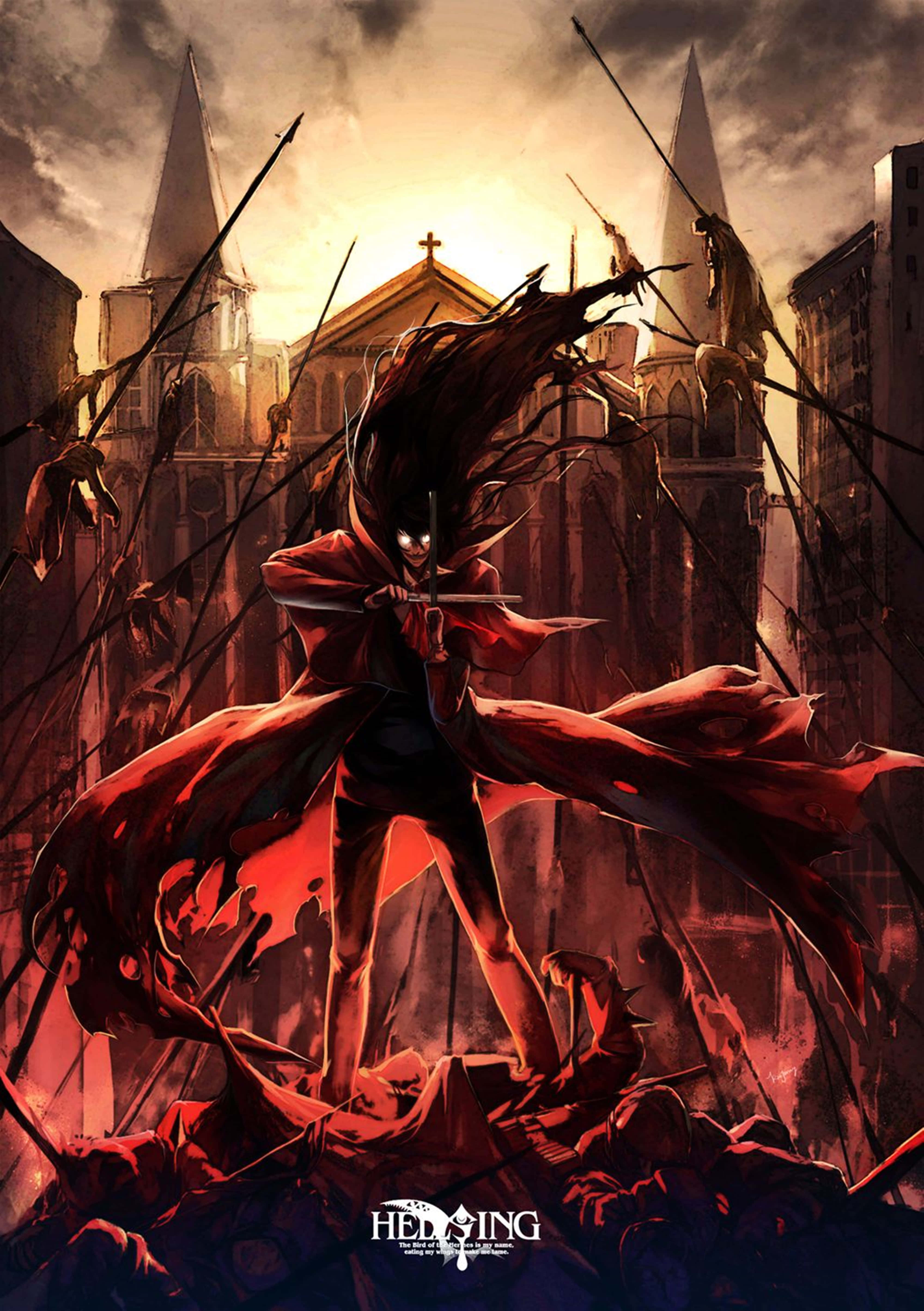 《Hellsing Ultimate》4K動態場景捕捉 壁紙 — 一個黑暗的動漫戰士，身穿飄逸的紅色斗篷，在哥德式城市景觀中揮舞著劍，背景是夕陽和骷髏人物。