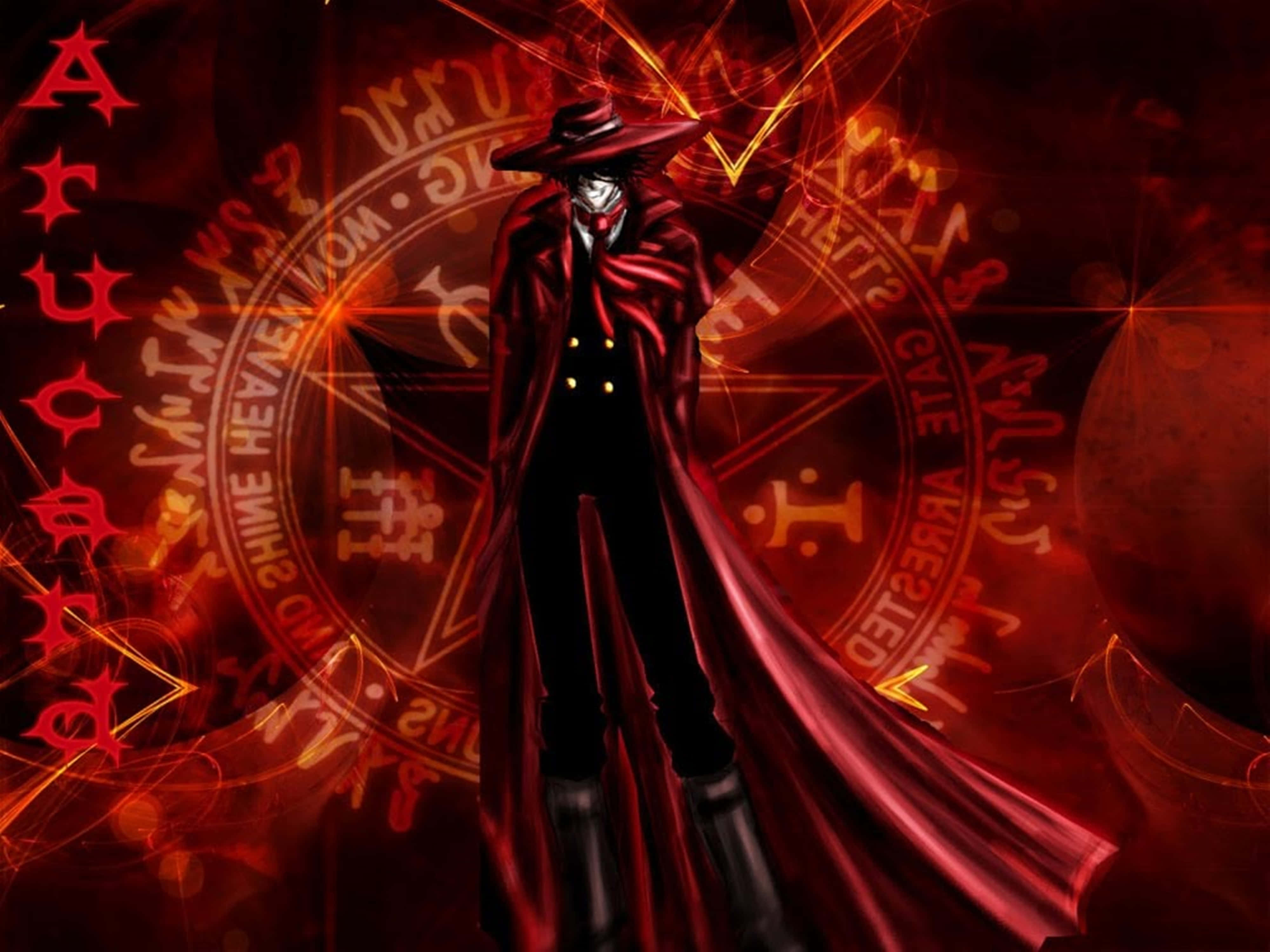 《Hellsing Ultimate》4K 動畫的極致動作體驗 壁紙 — 一個戴著面具、身穿飄逸紅色斗篷的人物，站在黑暗神秘環境中發光的 occult 符號和旋轉的紅色能量前。