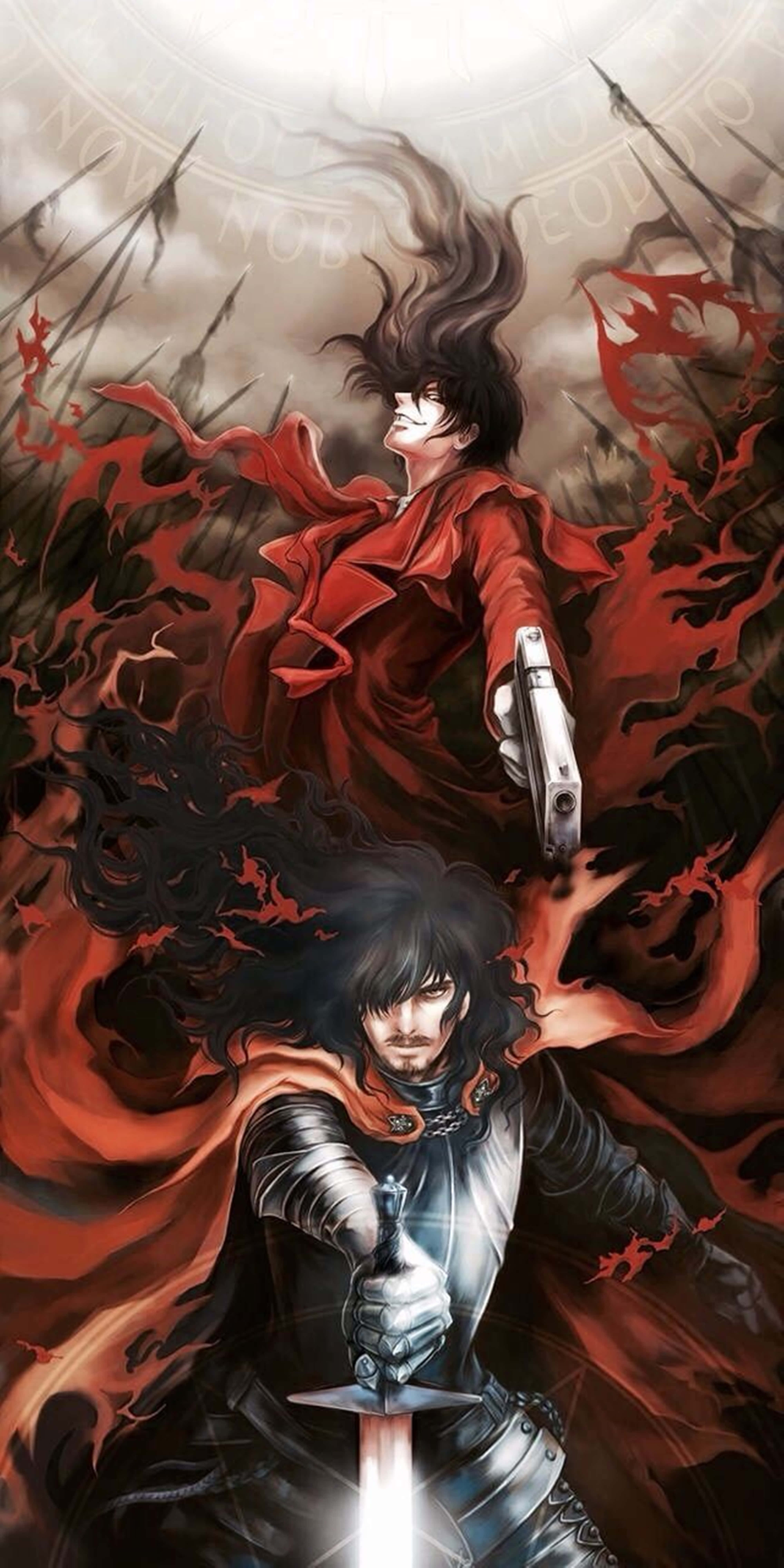 《Hellsing Ultimate》角色4K高畫質呈現 壁紙 — 兩位動漫戰士在熾熱的紅色混亂中交鋒，一位身穿紅色外套手持手槍，另一位身穿黑色盔甲手持發光劍。