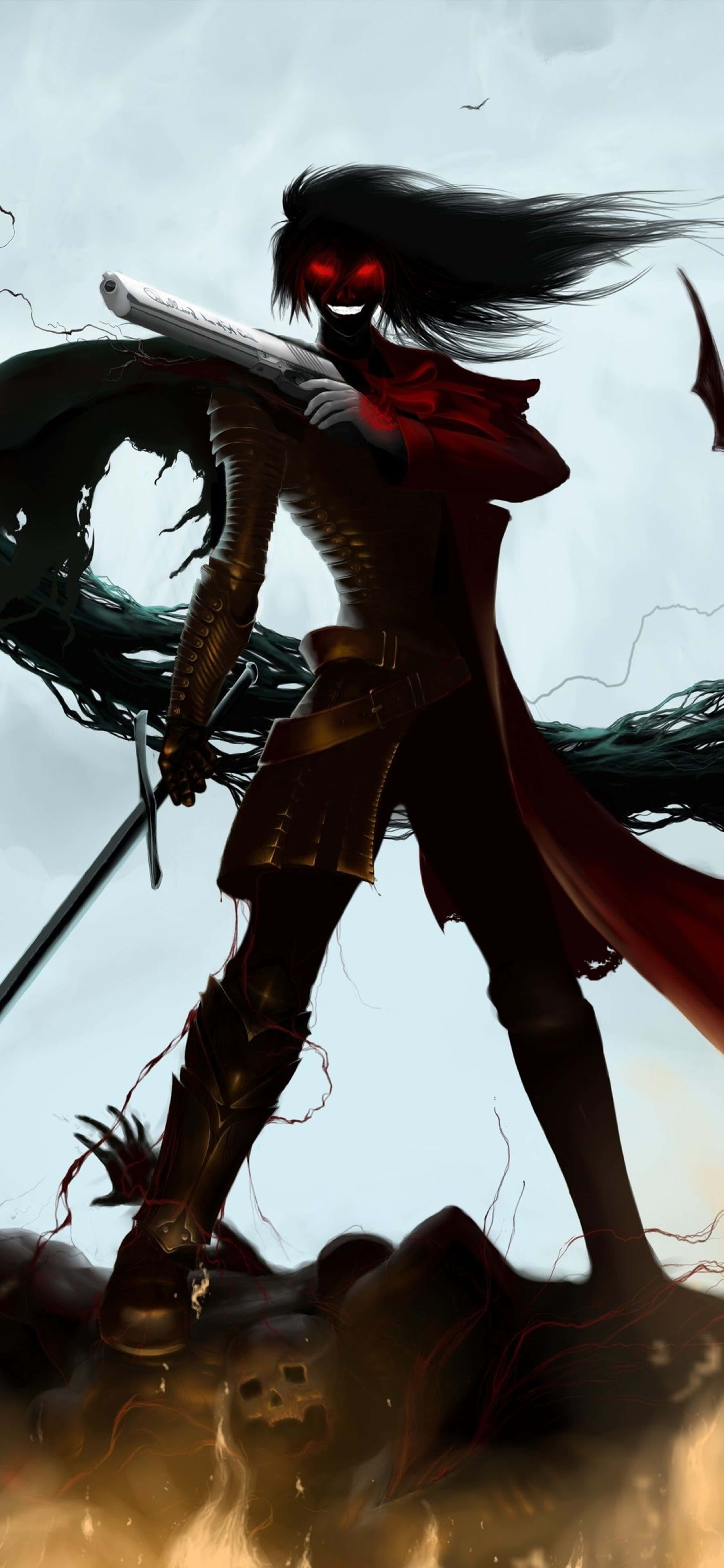 《Hellsing Ultimate》4K高畫質對決場景 壁紙 — 一位擁有發光紅眼和飄逸黑髮的黑暗奇幻戰士，在旋轉的陰影和頭骨中揮舞著霰彈槍。