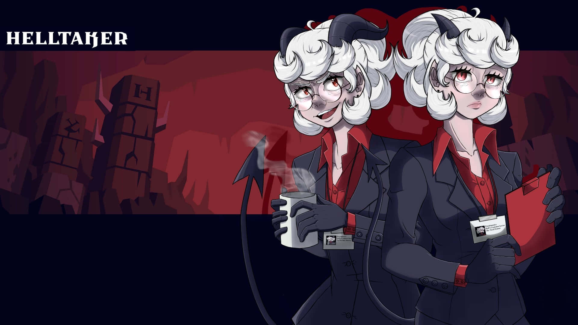 Helltaker 双 демон 壁紙 — 兩個動漫風格的惡魔職員穿著西裝，在火熱的地獄背景下拿著咖啡和文件。