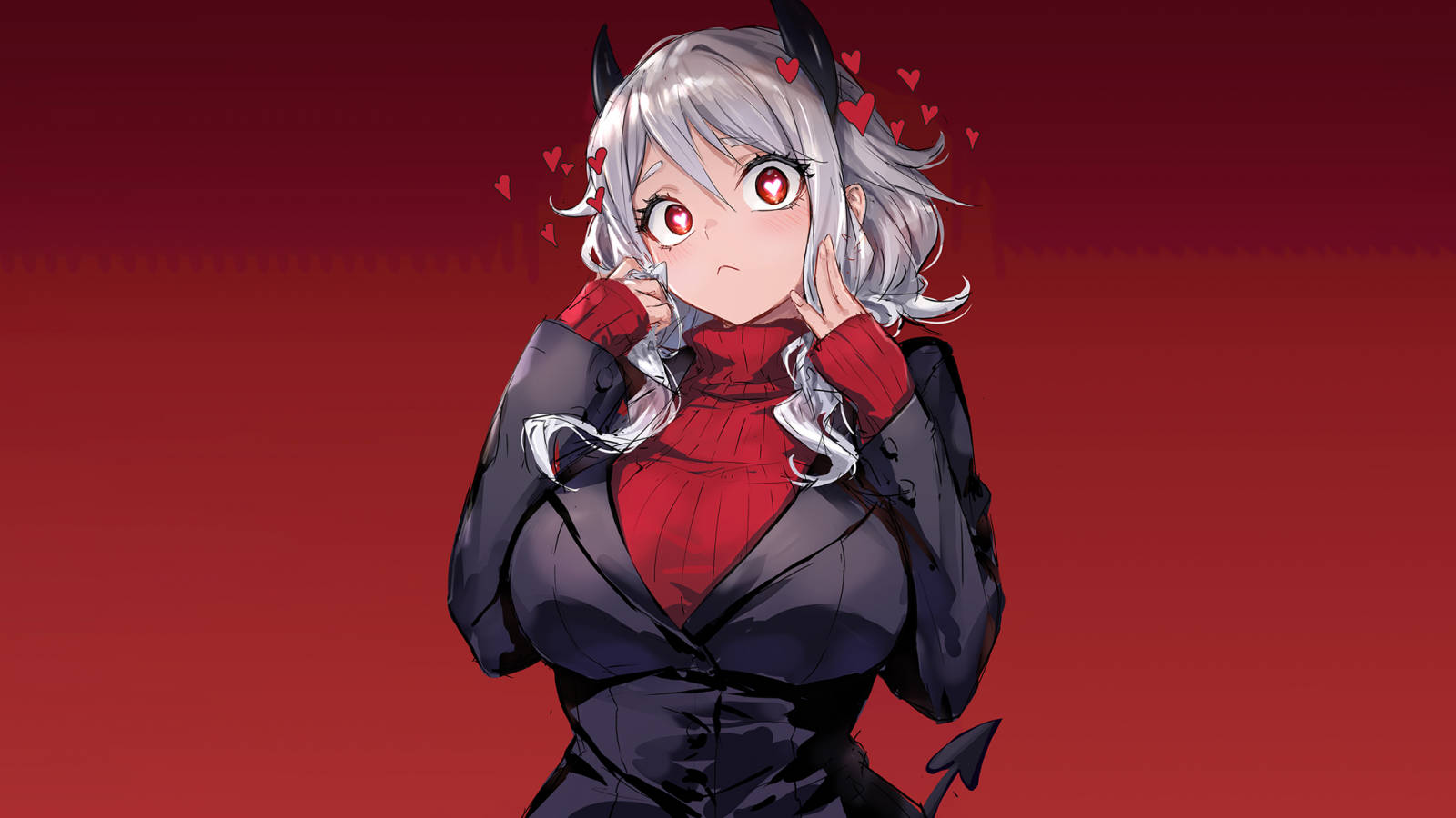 Helltaker角色Modeus的動漫女孩背景 壁紙 — 一個可愛的動漫女孩，銀色頭髮，紅色眼睛，穿著黑色西裝外套在紅色高領衫外面，有小角和尾巴，背景是深紅色，有漂浮的心形。