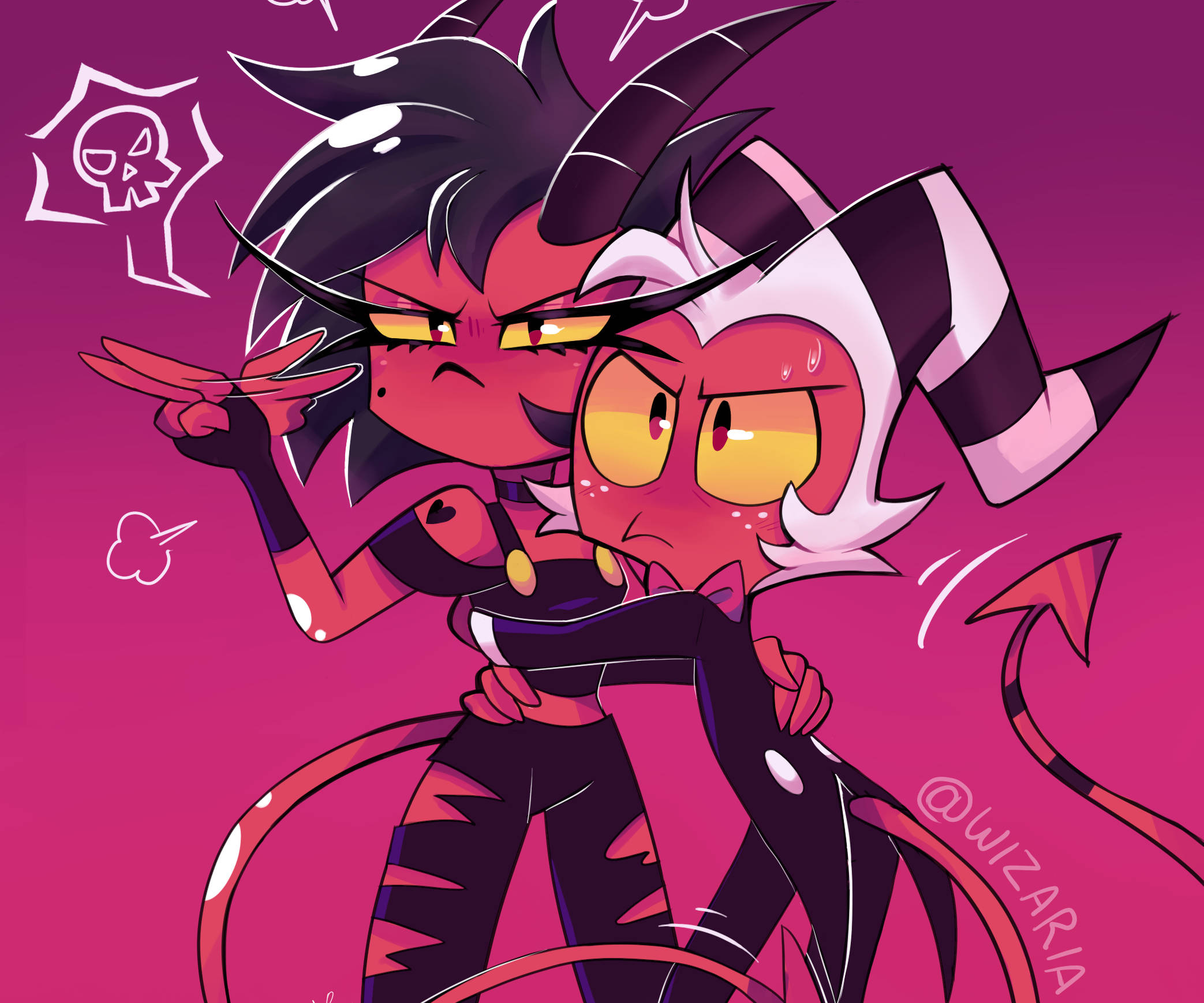 《Helluva Boss》角色 Millie 與 Moxxie 壁紙 — 兩個動畫惡魔角色，擁有鋒利的角和發光的眼睛，在充滿活力的粉紅色背景前頑皮地擺姿勢。