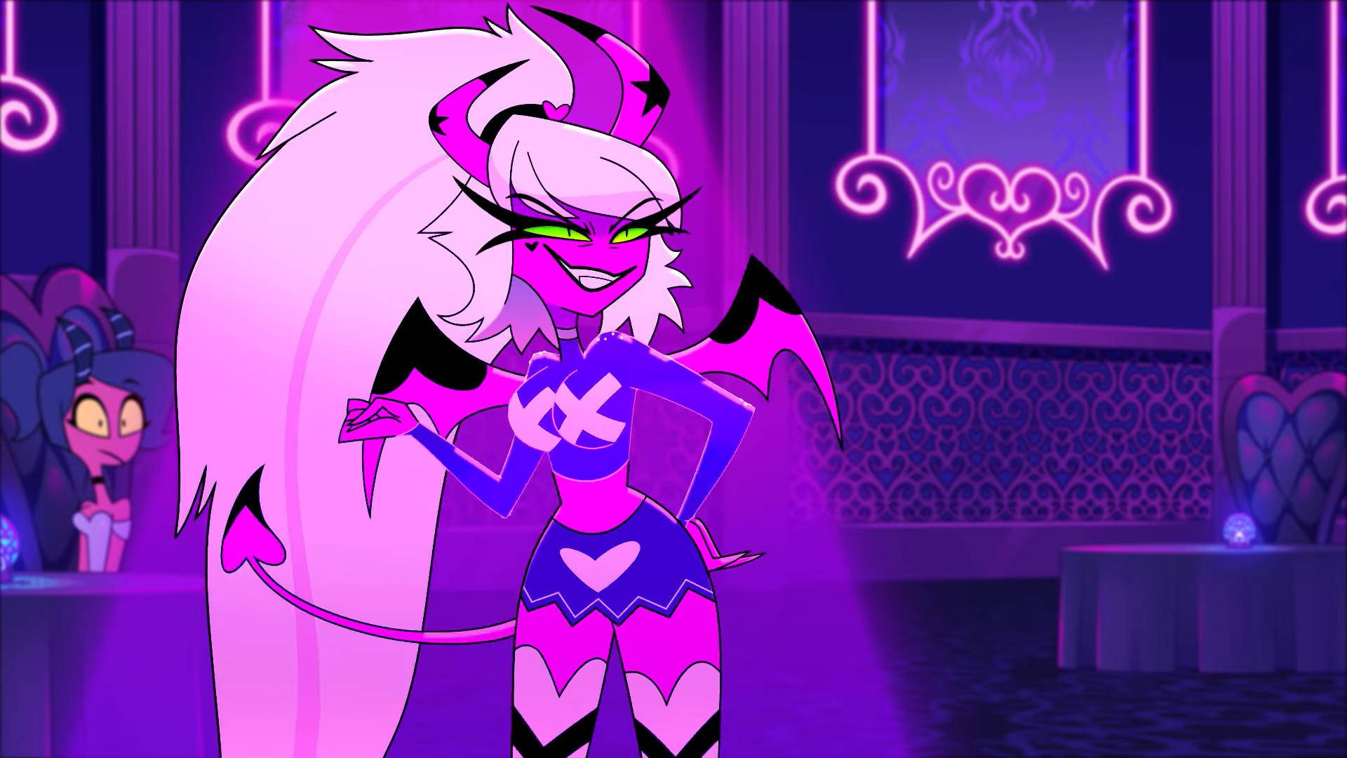 《Helluva Boss》動畫系列中的維羅西卡·梅迪 壁紙 — 一位自信的動漫惡魔少女，粉紅色頭髮，心形主題服裝，在霓虹燈夜店中擺姿勢。