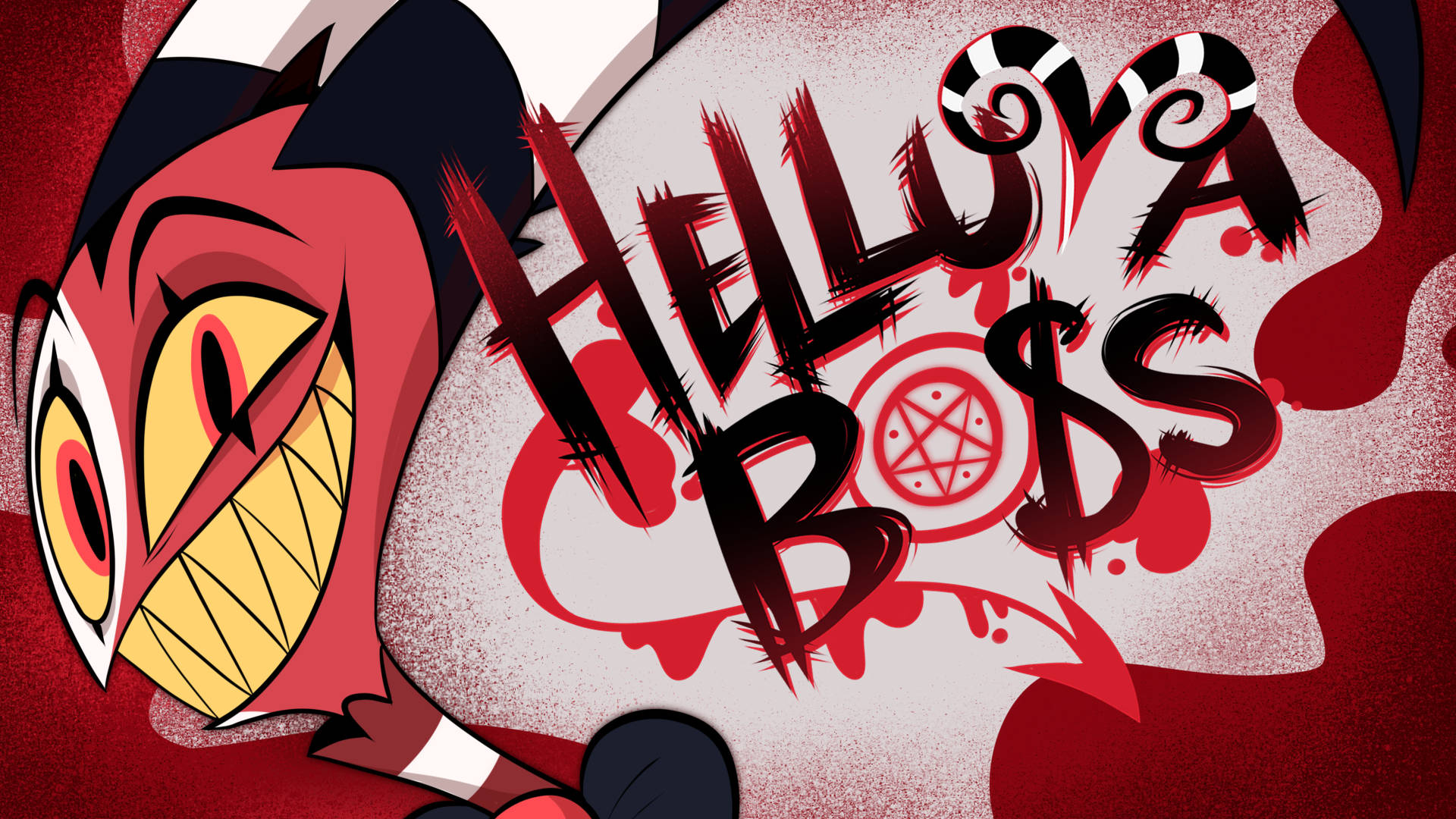 《Helluva Boss》角色 Blitzo 壁紙 — 一個卡通魔鬼，有著尖銳的牙齒和黃色的眼睛，在紋理紅色背景上，旁邊是粗體紅色塗鴉文字「HELLUVA BOSS」，咧嘴而笑。