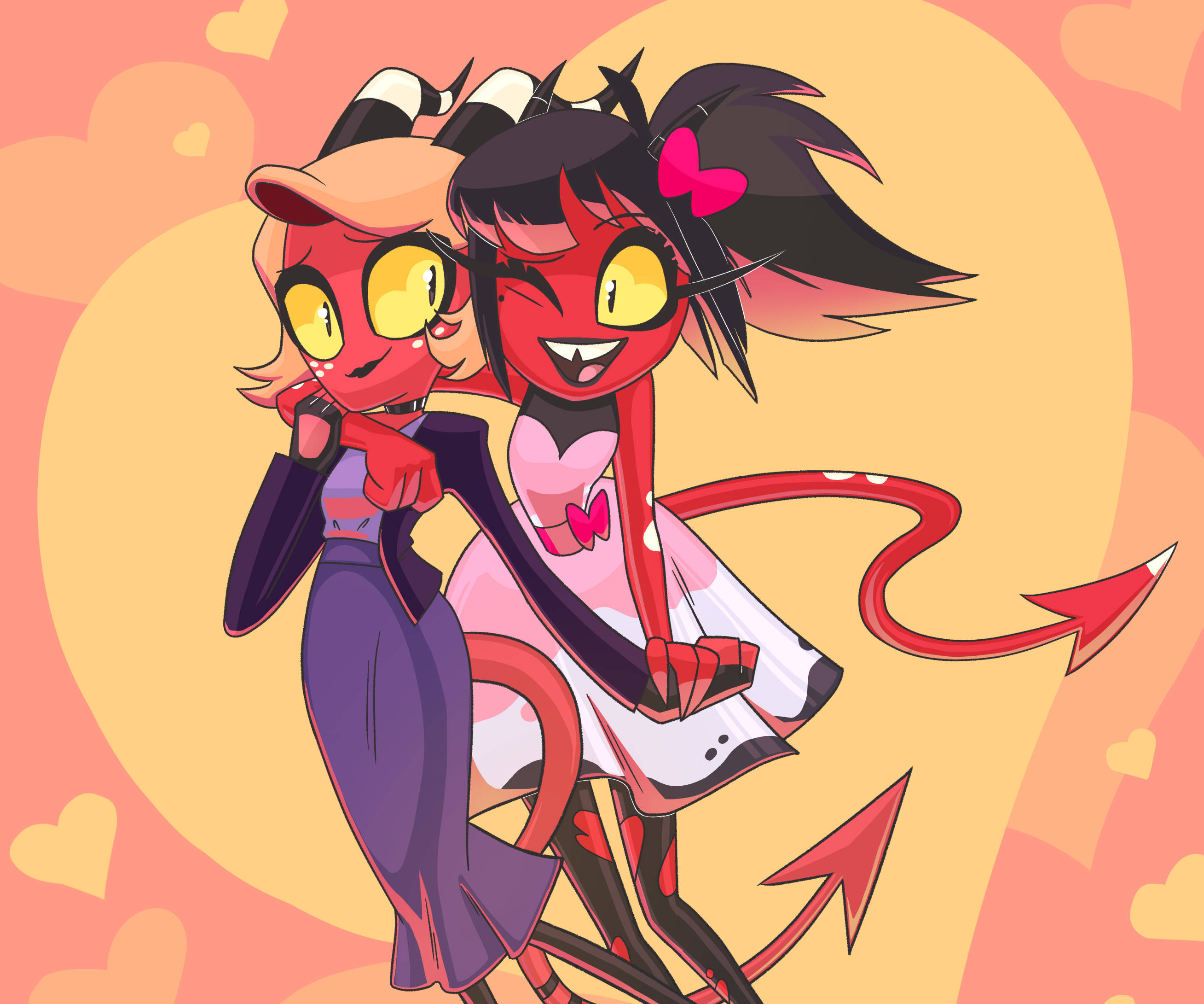 Helluva Boss中的Moxxie與Millie 壁紙 — 兩個開心嘅卡通魔鬼女仔有角同尾巴，喺溫暖嘅桃色背景上擁抱，周圍有漂浮嘅心形。