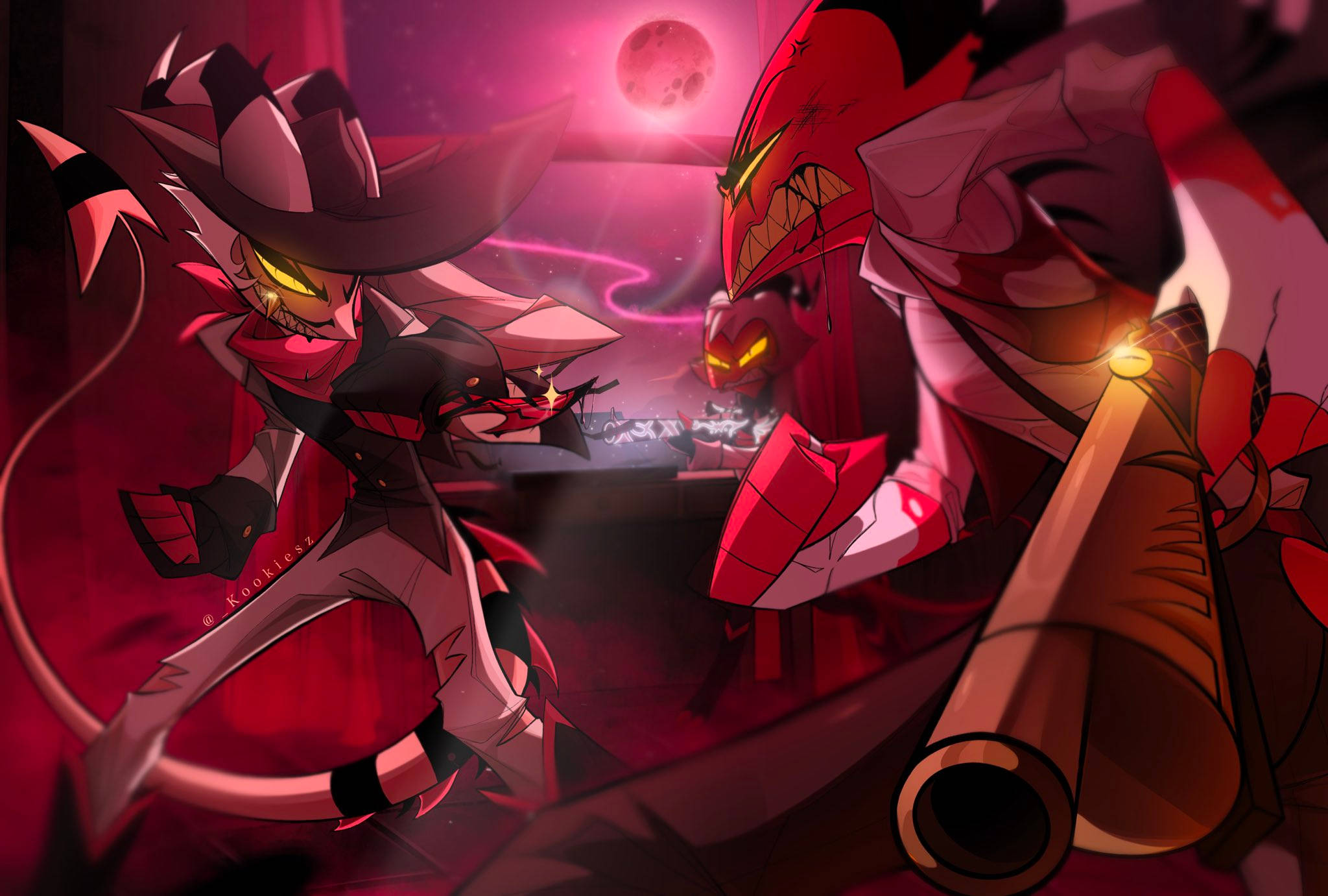 Helluva Boss中的強力戰士Striker 壁紙 — 兩個擁有發光眼睛和惡魔特徵的動漫角色在粉紅月亮下的暗紅色房間中衝突。