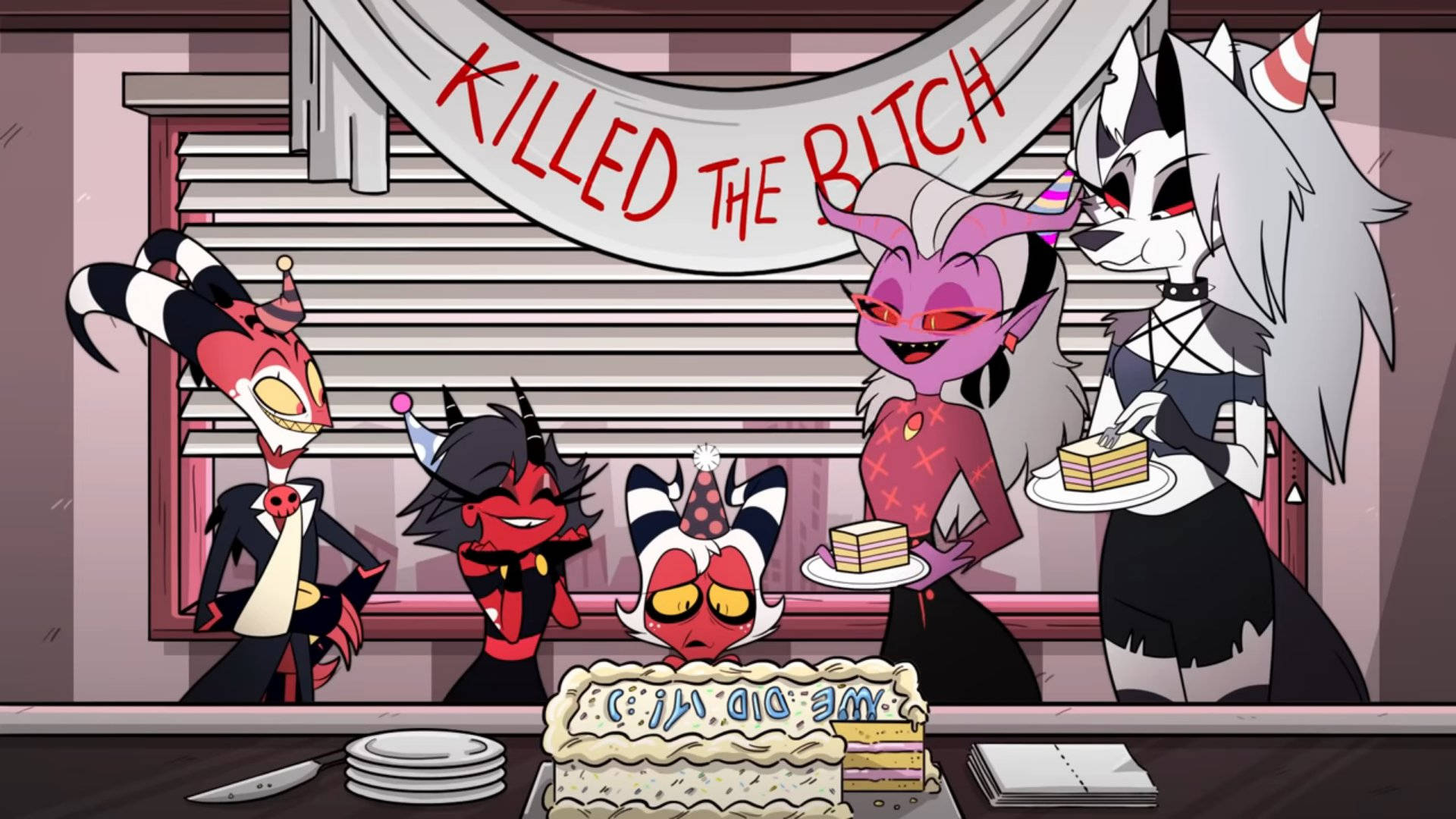 Helluva Boss生日慶祝 壁紙 — 四個卡通惡魔在昏暗的房間裡用蛋糕和寫著「KILLED THE BITCH」的橫幅慶祝生日。