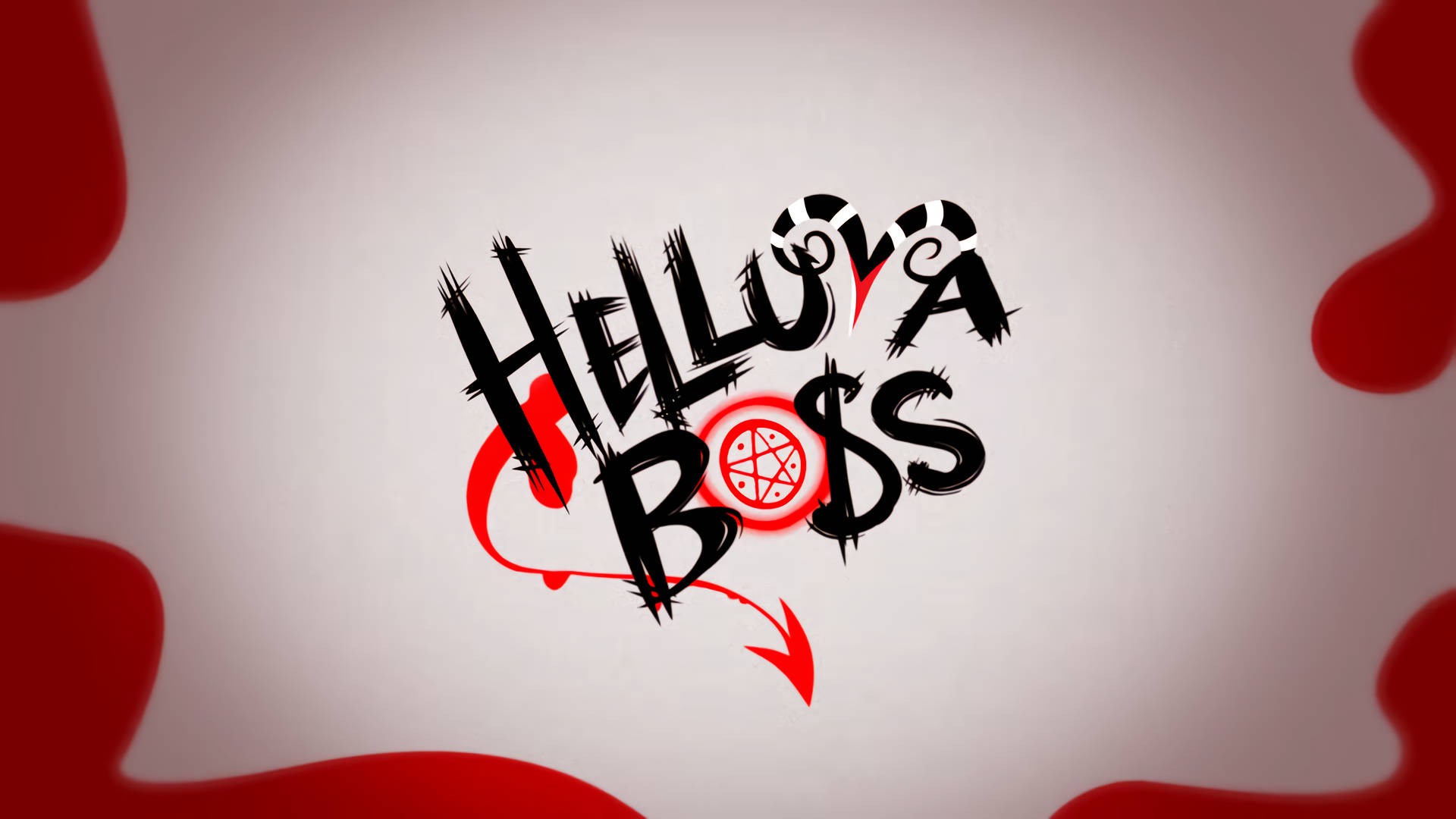 Helluva Boss趣味標誌 壁紙 — 大膽嘅塗鴉風格文字寫住 'HELLO BOSS'，配上紅色五角星符號同滴落嘅紅色油漆，喺淺灰色背景上。