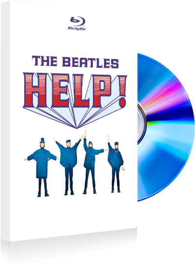 披頭四《Help!》藍光碟封面 壁紙 — 披頭四電影《Help!》的Blu-ray封面，樂隊身穿藍色服裝，旁邊有彩虹光碟。