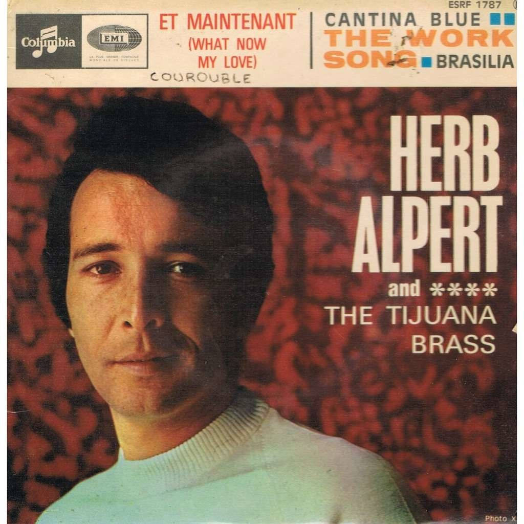 Herb Alpert And The Tijuana Brass Cantina Blue 專輯 壁紙 — Herb Alpert 嘅特寫肖像，著住淺色毛衣，背景係有紋理嘅紅色，上面有專輯標題文字疊加。