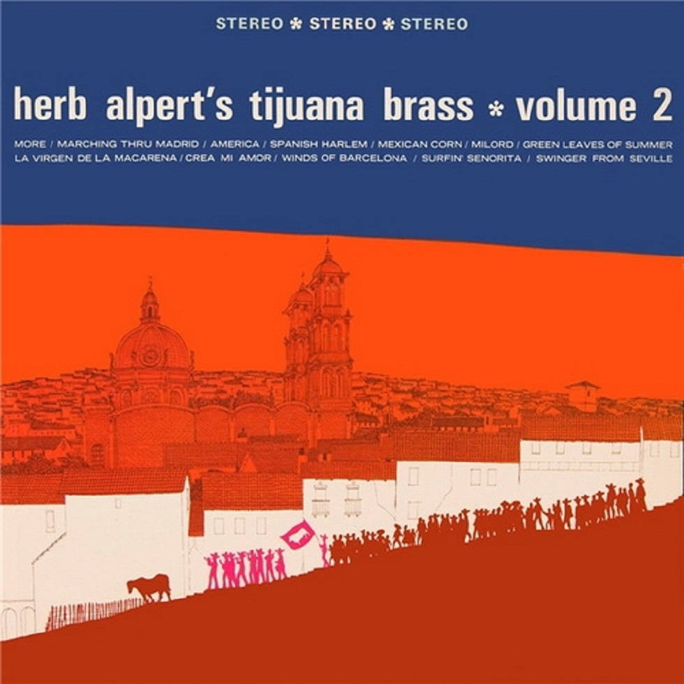 Herb Alpert And The Tijuana Brass 第二輯 壁紙 — Herb Alpert's Tijuana Brass Volume 2 充滿活力的橙色和藍色專輯封面藝術，以剪影城市景觀和人群為特色。