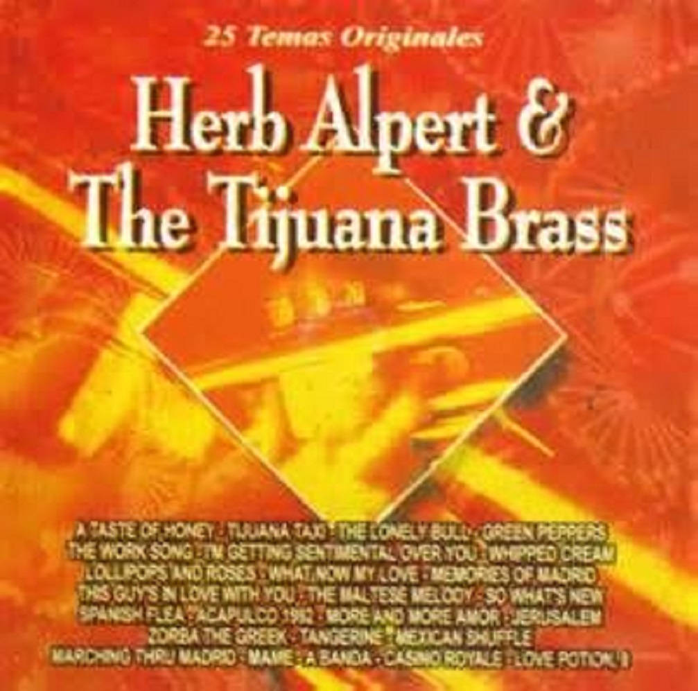 Herb Alpert And The Tijuana Brass 黑白唱片專輯 壁紙 — Herb Alpert & The Tijuana Brass 的鮮豔紅色和橙色專輯封面，採用粗體字體和鑽石形狀的音樂家照片。