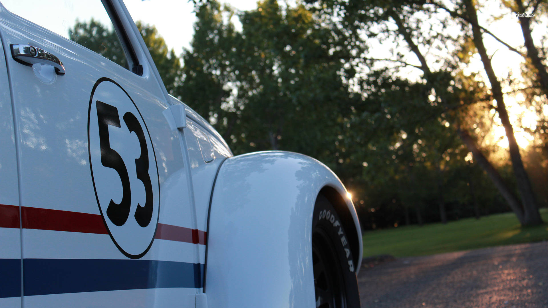 《Herbie：Fully Loaded》車門上的編號 壁紙 — 一輛復古白色賽車，號碼53，停在碎石路上，背景是柔和焦點的樹木，正值黃金時刻。