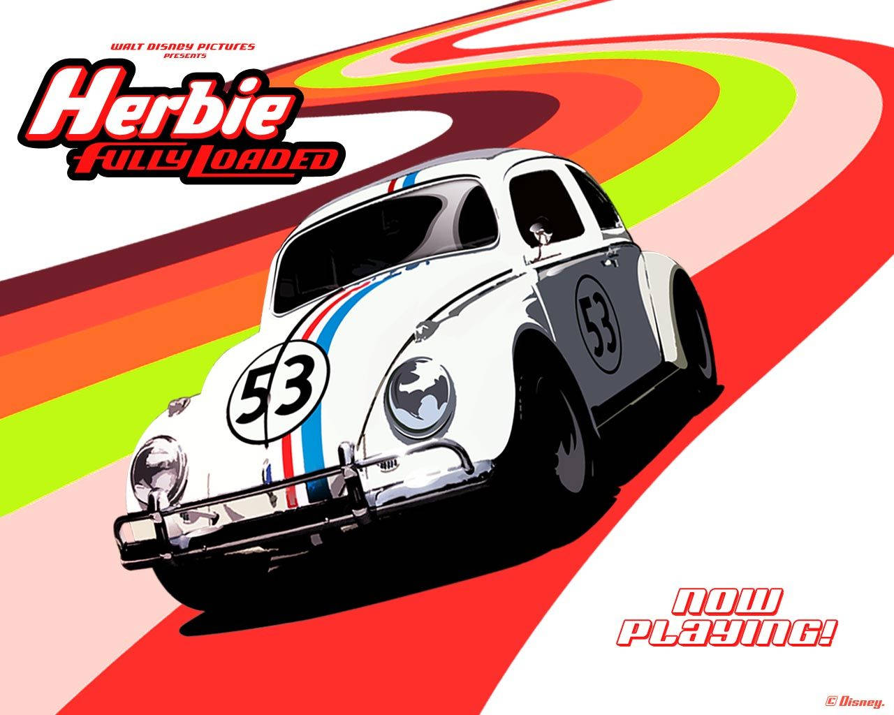 《Herbie：Fully Loaded》彩色賽道壁紙 壁紙 — 一輛白色賽車，編號53，在充滿活力的彩虹色賽道上疾馳，這是一張動感十足的迪士尼電影海報。