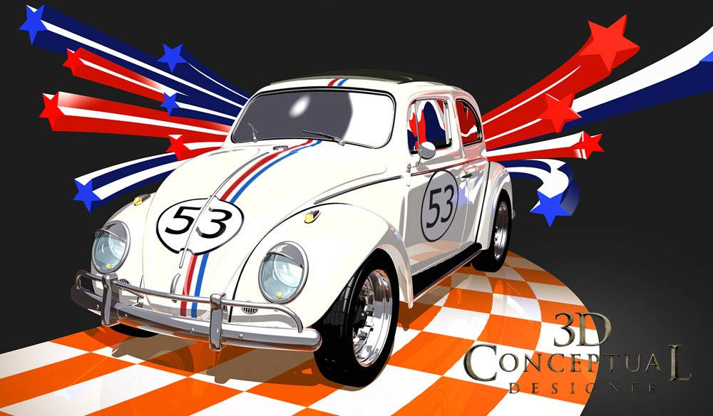 《Herbie：Fully Loaded》Herbie 3D趣味概念設計 壁紙 — 一輛白色賽車，編號53，帶有紅白藍條紋，在深色背景下爆發出愛國的星星條紋。