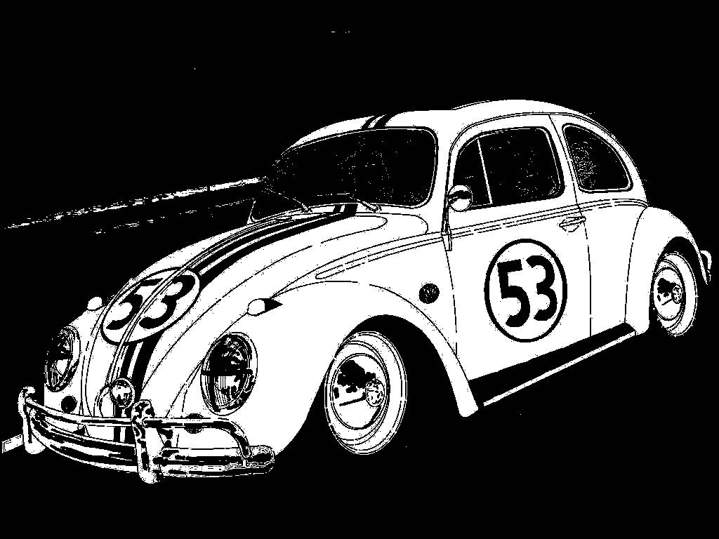 《Herbie：Fully Loaded》Herbie黑白素描 壁紙 — 一輛經典賽車，側面有53號，引擎蓋上有條紋，以粗體黑白線條藝術繪製在深色背景上。