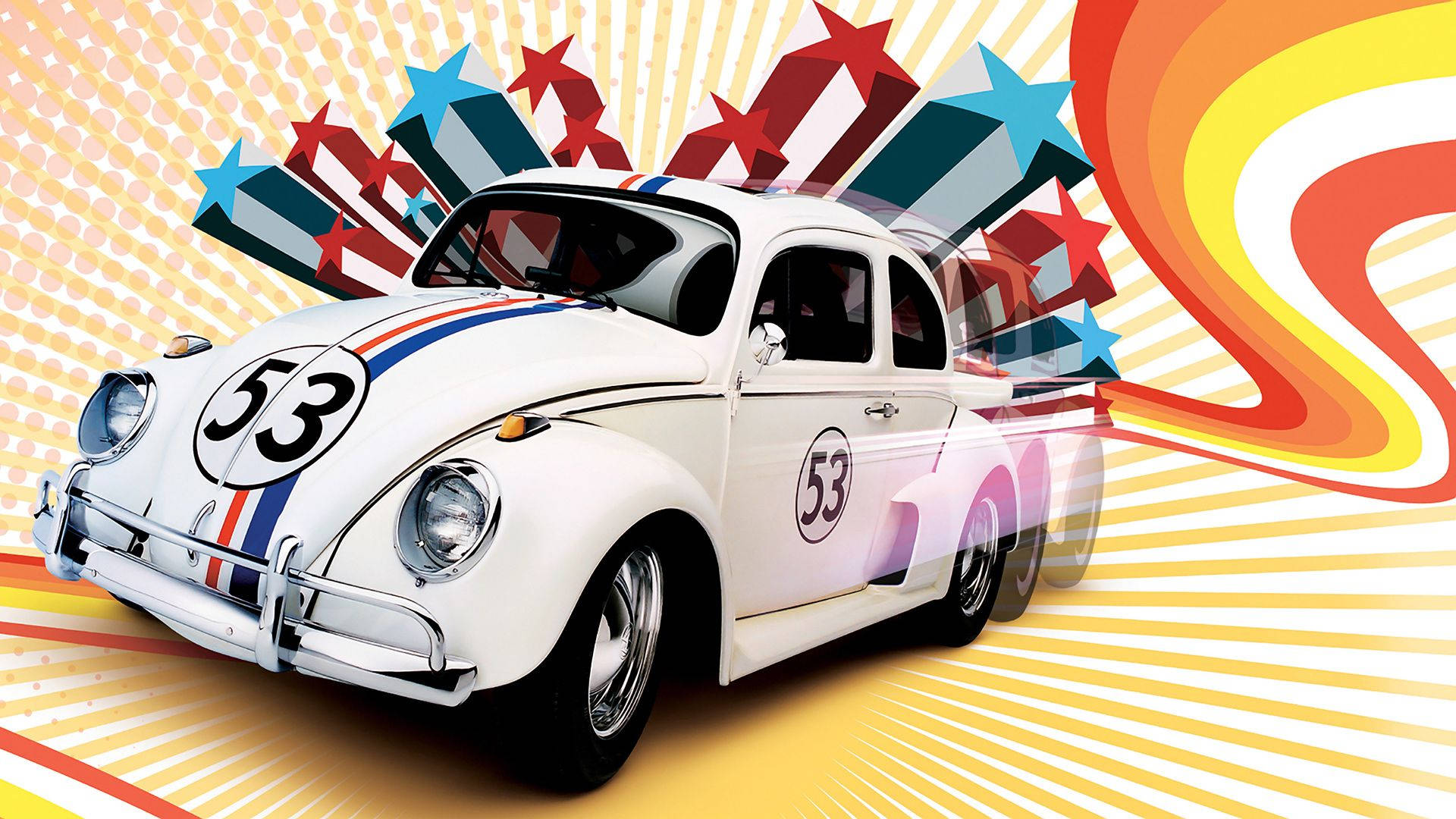《Herbie：Fully Loaded》彩色星星壁紙 壁紙 — 一輛白色復古賽車（編號53）在充滿星星和旋轉彩虹色彩的鮮豔復古背景中向前飛馳。
