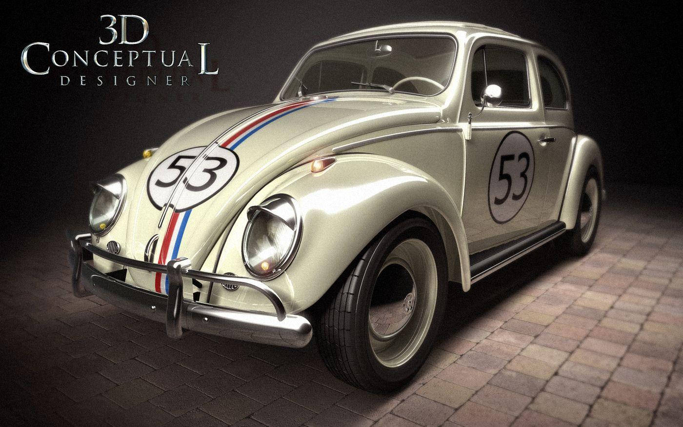 《Herbie Fully Loaded》3D概念設計 壁紙 — 一輛復古奶油色福士甲蟲賽車，編號53，帶有紅白藍條紋，停在磚砌路面上，在戲劇性的工作室燈光下。