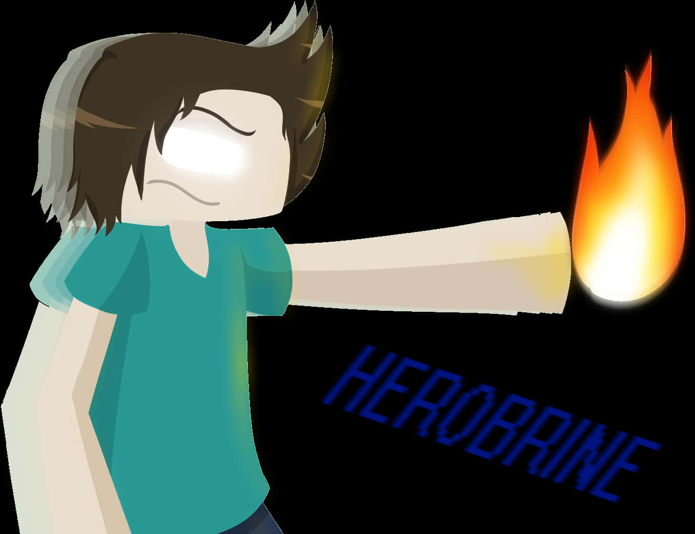 動畫版 Herobrine 火焰力量 壁紙 — 一個方塊狀卡通角色穿著青綠色襯衫，伸出手臂在黑色背景上點燃明亮的火焰，下方有「HEROBRINE」字樣。