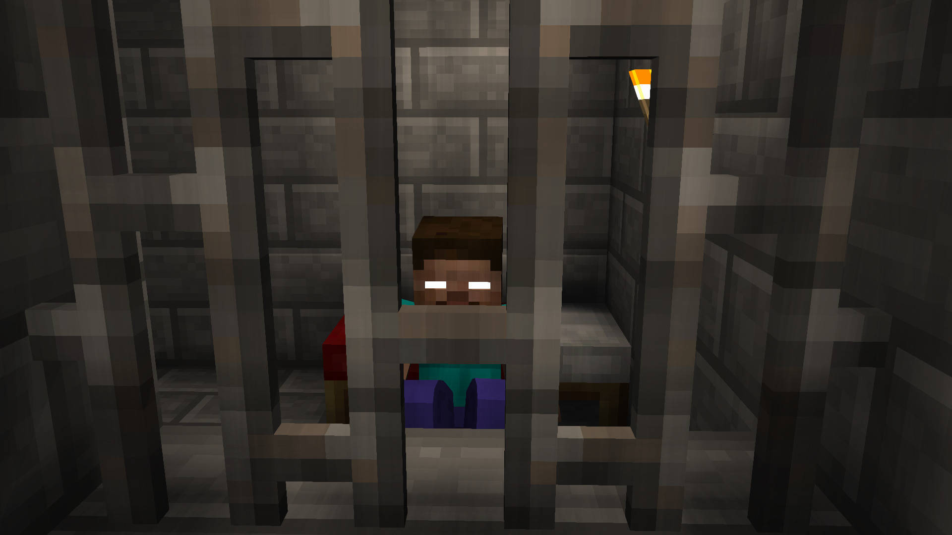 Minecraft角色在石頭監獄牢房裡，眼睛發光，火炬。