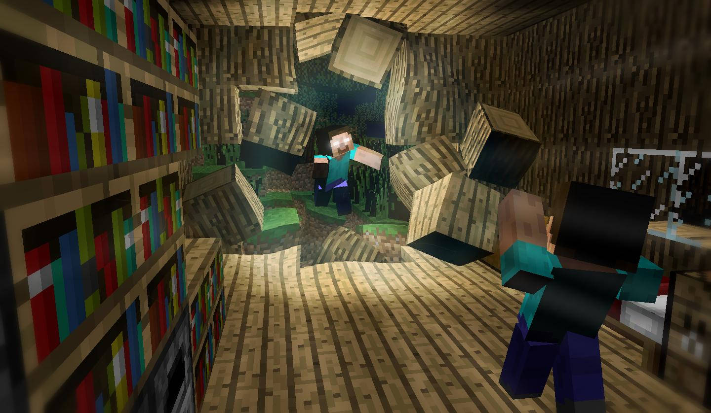 兩名Minecraft角色在木製圖書館中，掉落的方塊露出森林。