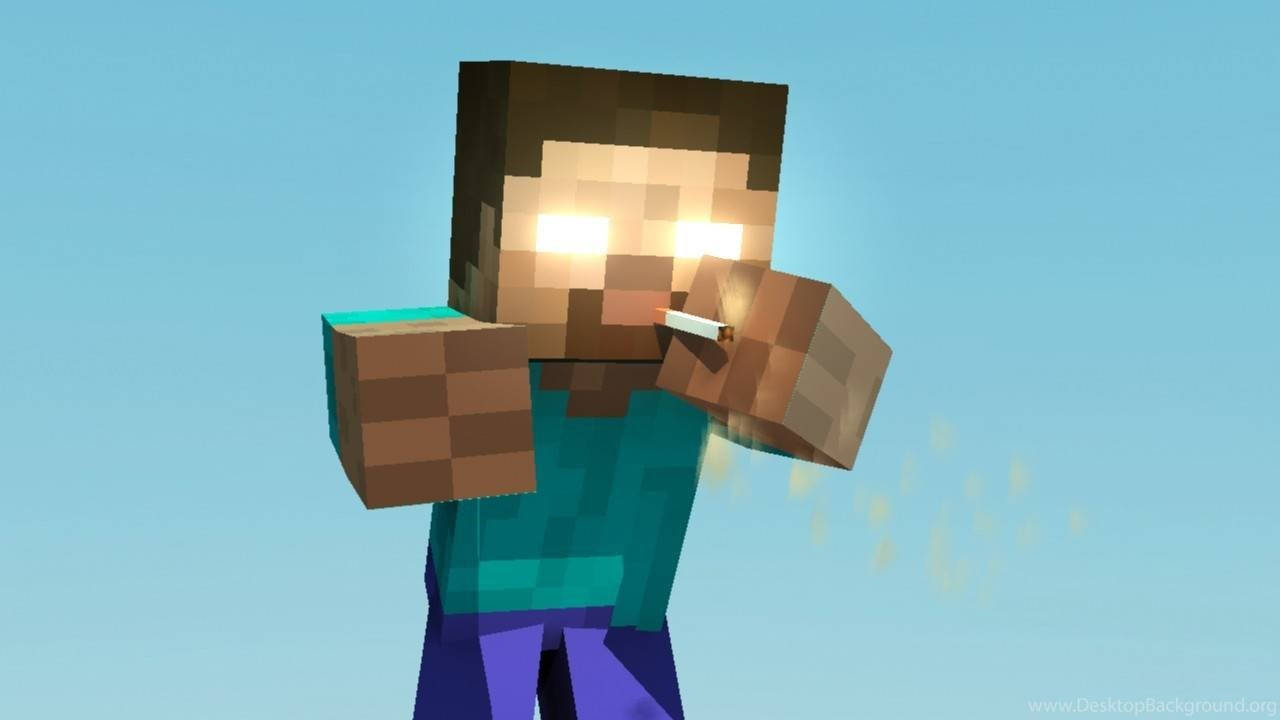 Minecraft角色在藍天下從香煙吹出煙霧