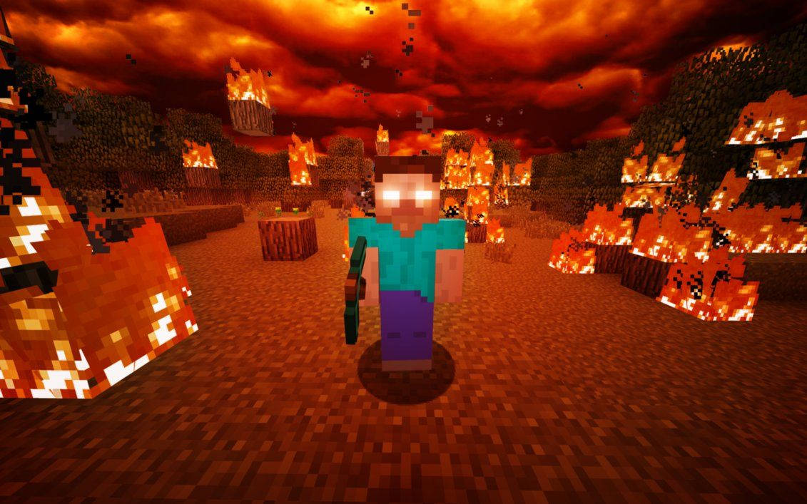 夜晚燃燒森林中的Minecraft玩家，帶有像素化火焰和黑暗天空。