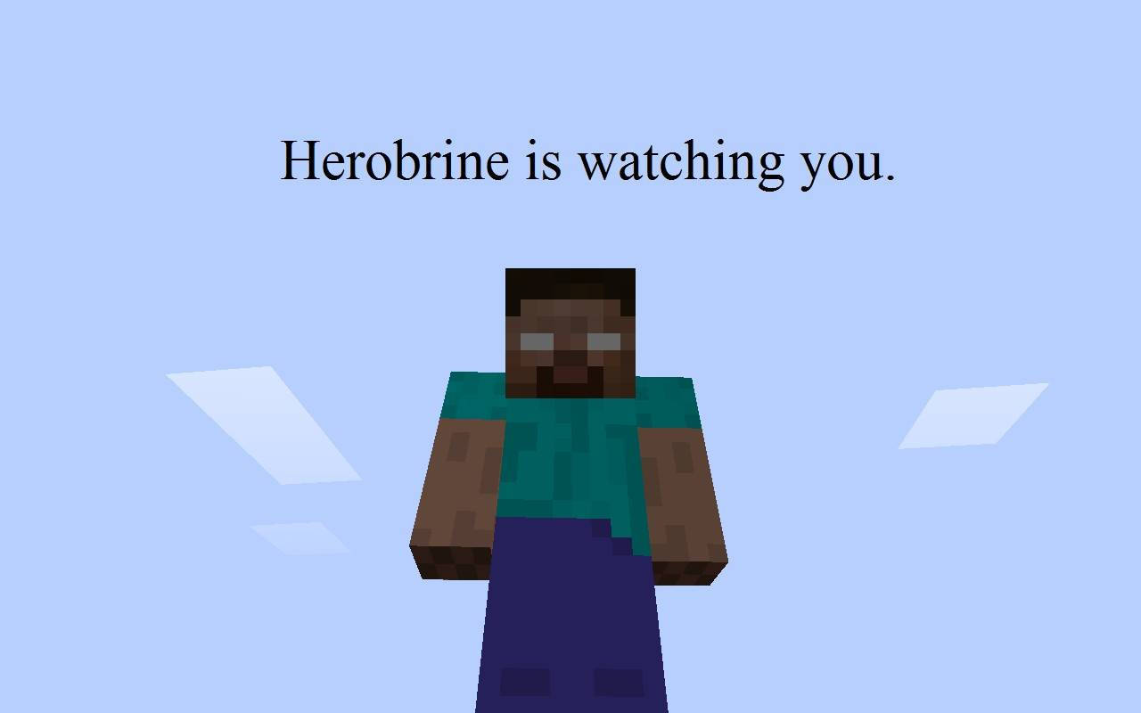 像素化的 Herobrine 角色，文字寫著「Herobrine 正在看著你」，背景為藍色天空和漂浮方塊