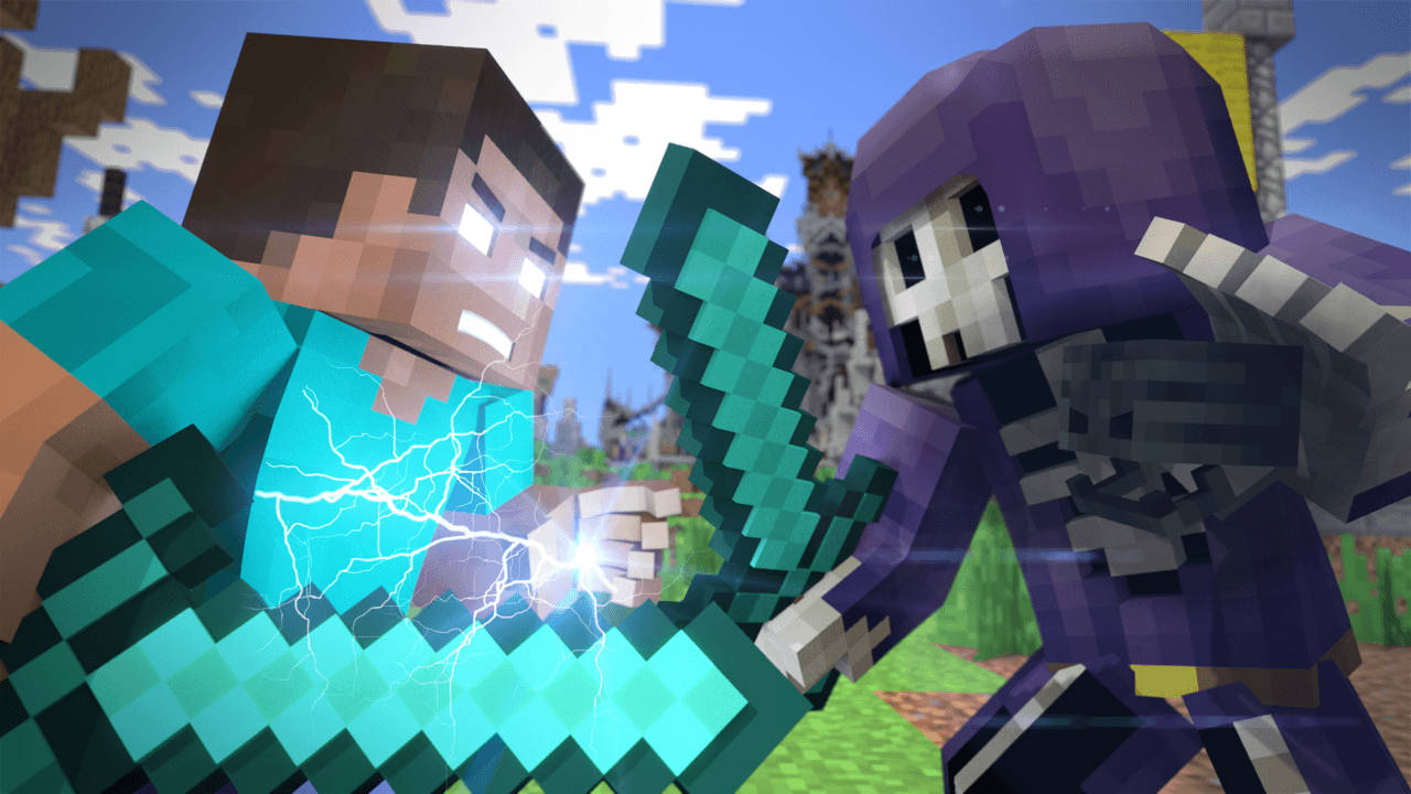 兩個Minecraft玩家用鑽石劍和閃電效果戰鬥。