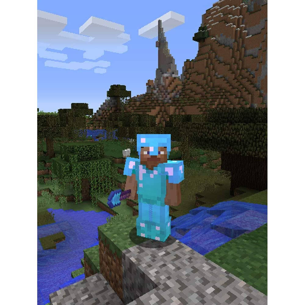穿著鑽石盔甲的Minecraft玩家站在懸崖邊緣，附近有水和樹木。