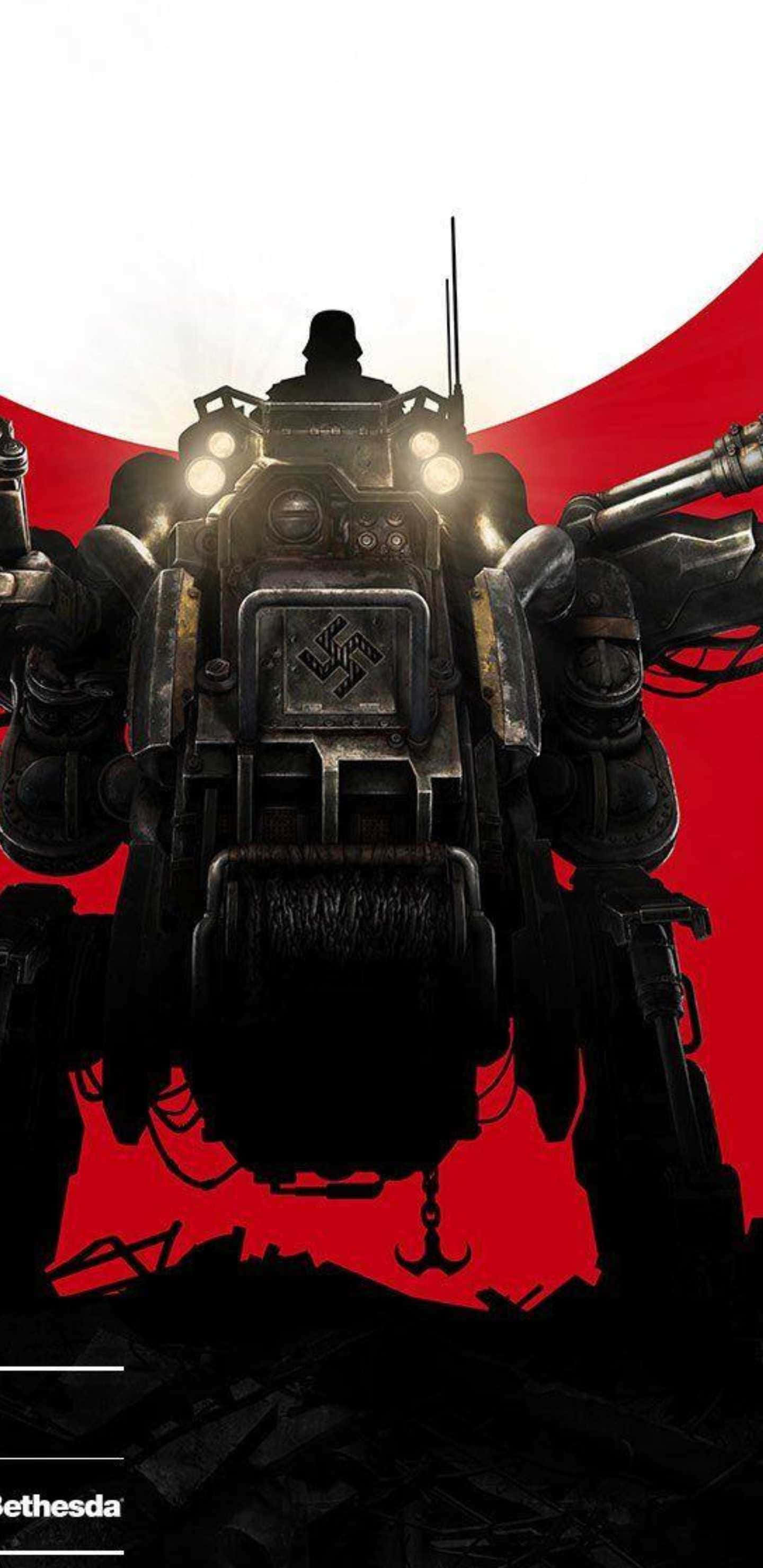 Herr Faust Pixel 3XL Wolfenstein II 背景 壁紙 — 一架高聳的裝甲機甲，帶有發光的燈光，矗立在鮮明的紅白背景前。