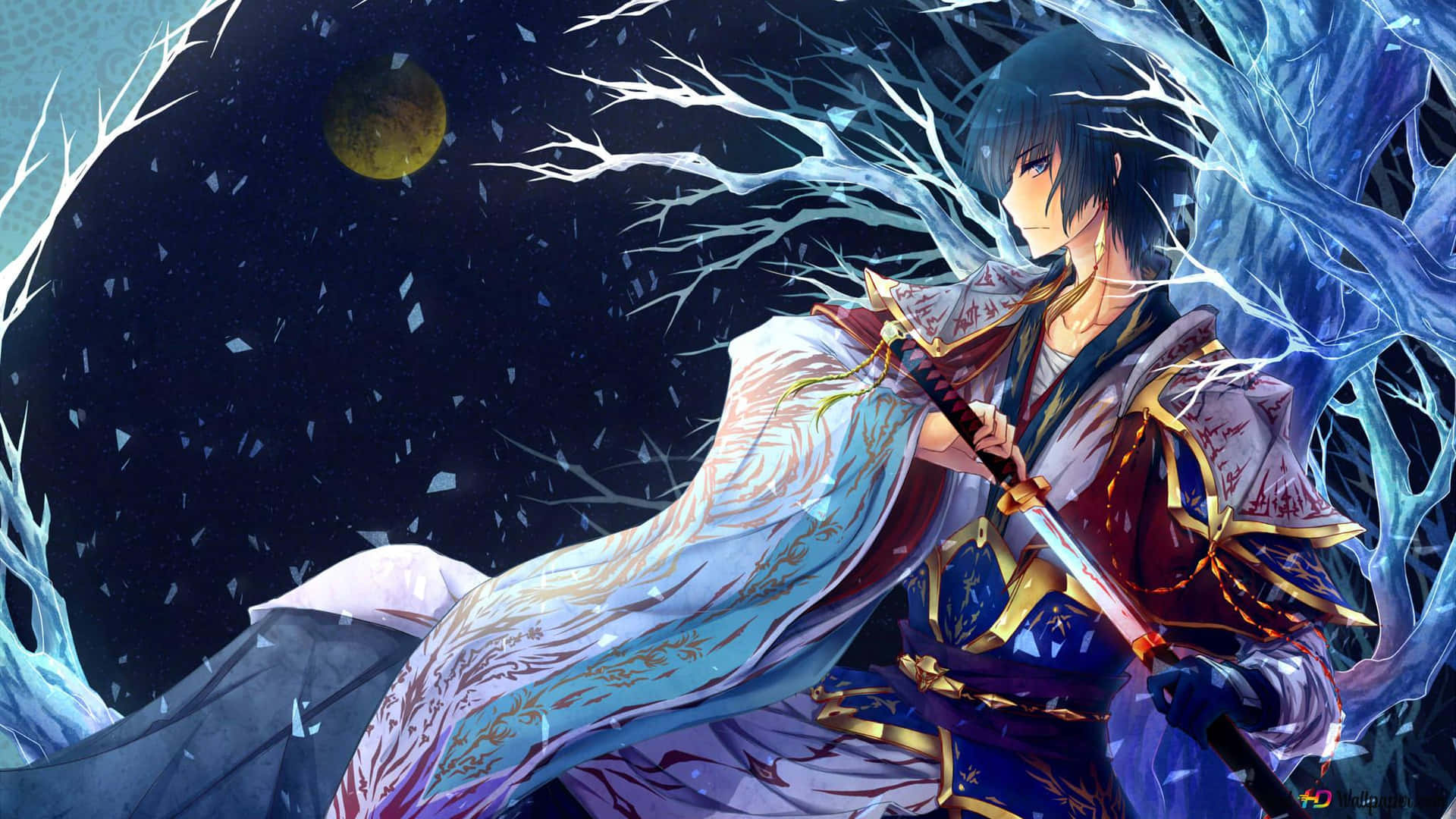 藍髮動漫戰士手持發光劍，夜晚站立於冰凍的冬季森林中。