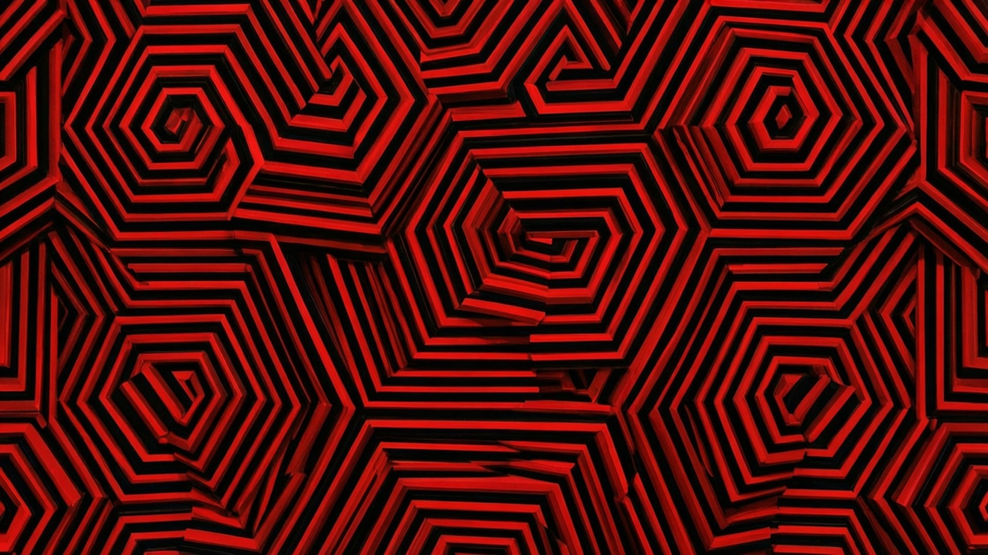 Hexagon Illusion 壁紙 — 充滿活力的紅色六邊形光學錯覺，帶有黑色陰影，在整個畫面中營造出迷人的3D隧道效果。