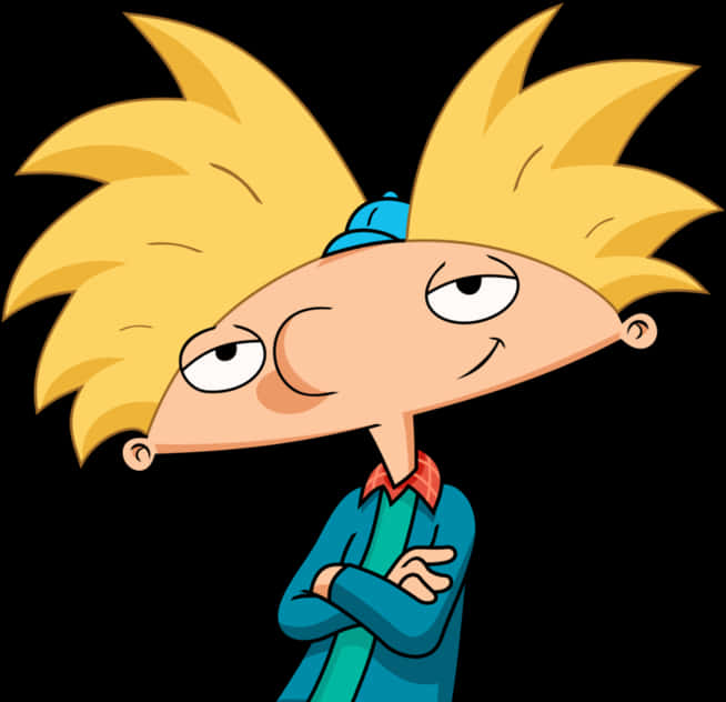Hey Arnold! 動畫角色 壁紙 — 一個卡通男孩，金色尖刺頭髮，戴藍色帽子，交叉雙臂，在黑色背景上得意地笑。