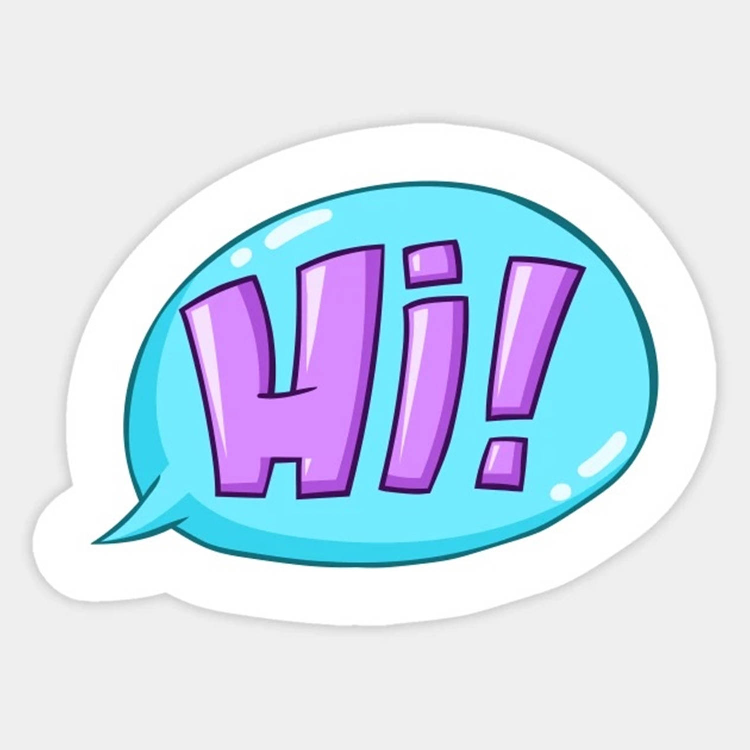 淺紫色的「Hi」文字 壁紙 — 一個卡通對話氣泡，淺藍色圓角形狀內有粗體紫色「Hi！」文字，背景為純白色。