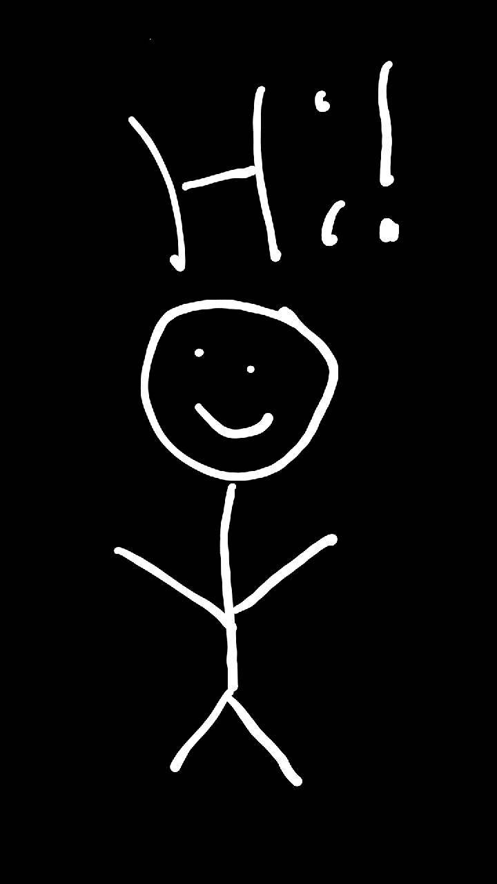 火柴人說「Hi」壁紙 壁紙 — 一個簡單的白色火柴人，面帶微笑，上方寫著「Hi!」，背景為黑色。