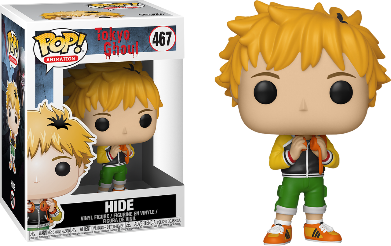 《東京喰種》Hide Funko Pop 毛絨公仔 壁紙 — 來自《東京喰種》的Hide Funko Pop! 乙烯基人偶站在他的收藏盒旁邊，背景為黑色。