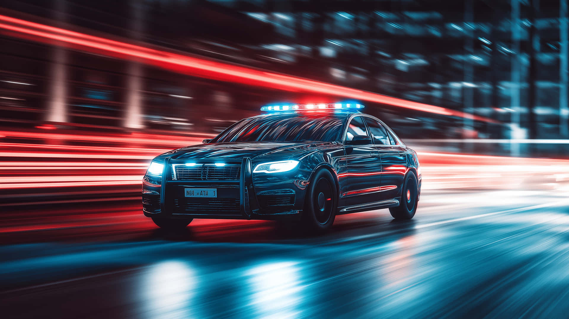 黑色警車在夜晚霓虹街道上疾馳，留下紅色和藍色光跡。