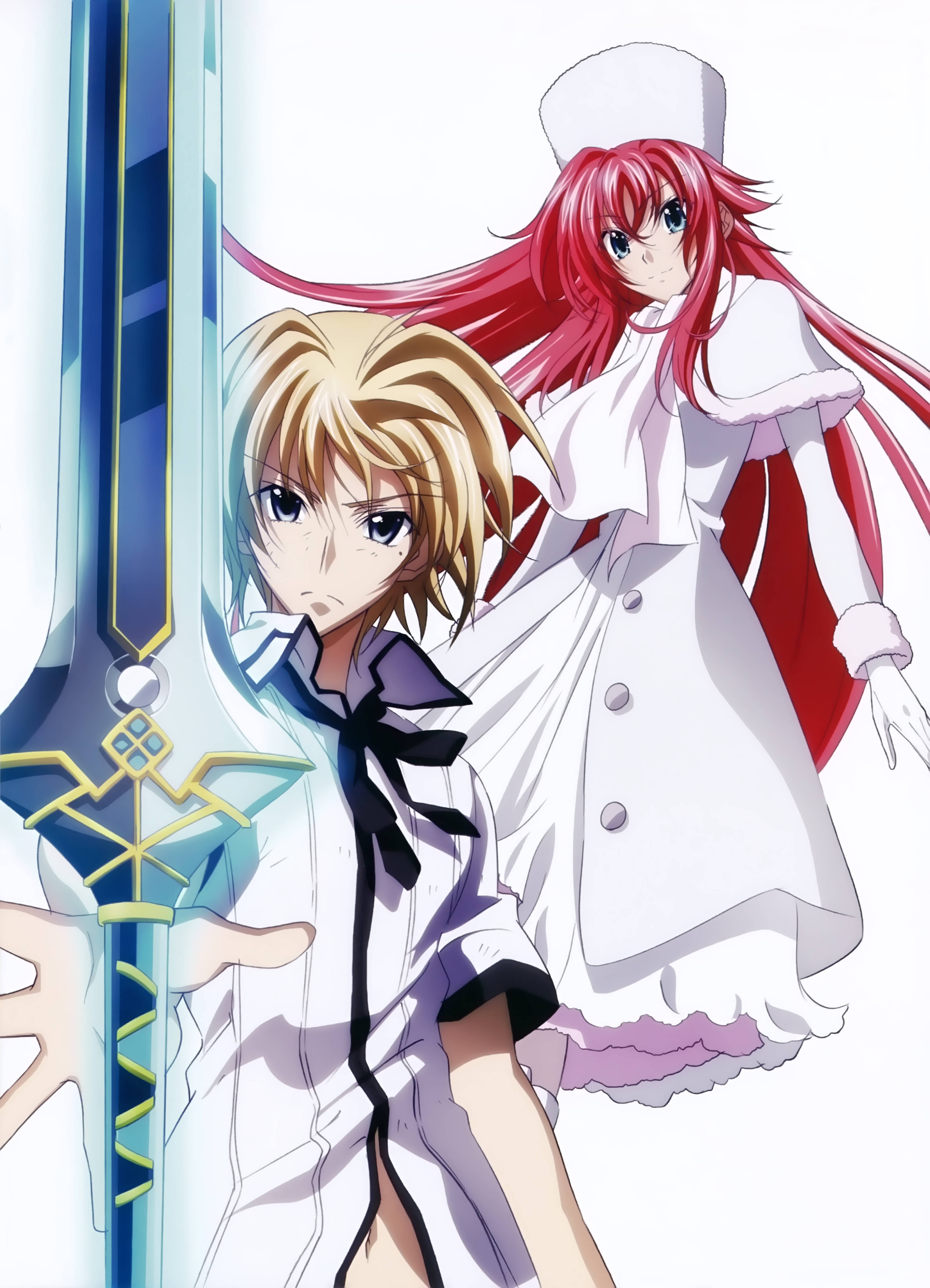 《Highschool DxD》主角 Yuuto 接受命運挑戰 壁紙 — 兩個動漫角色，一個紅頭髮穿著白色護士服，另一個金頭髮拿著發光的劍，背景明亮。