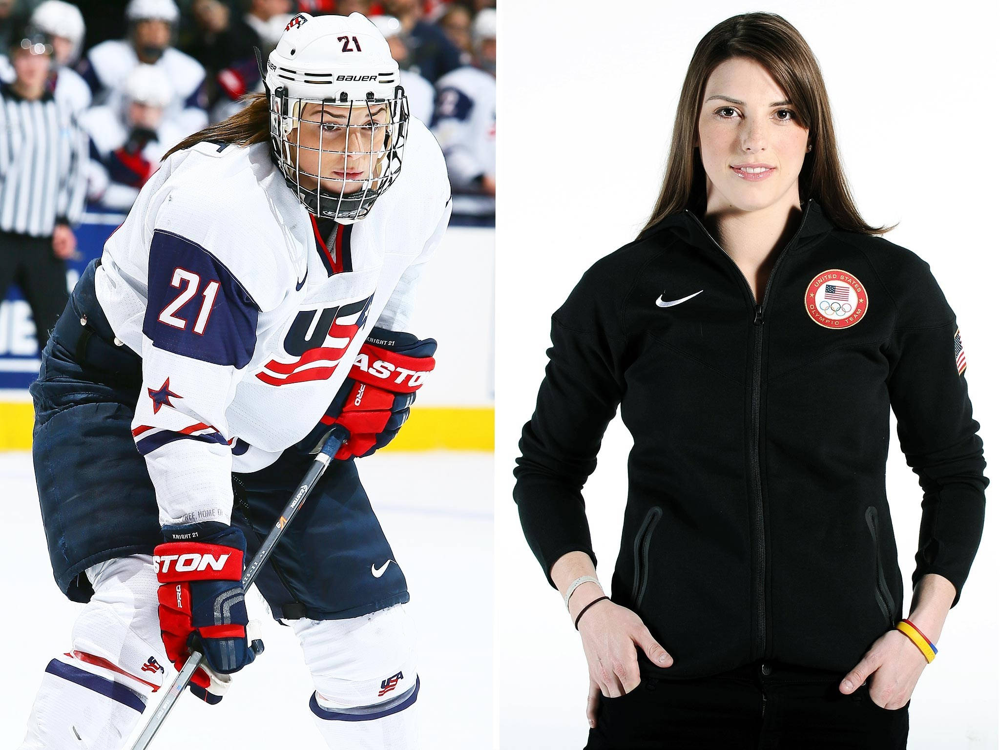 Hilary Knight 分屏圖形設計 壁紙 — 一名身穿美國裝備的女子冰球運動員蹲在冰場上，而一名穿著黑色奧運外套的隊友在白色背景前擺姿勢。