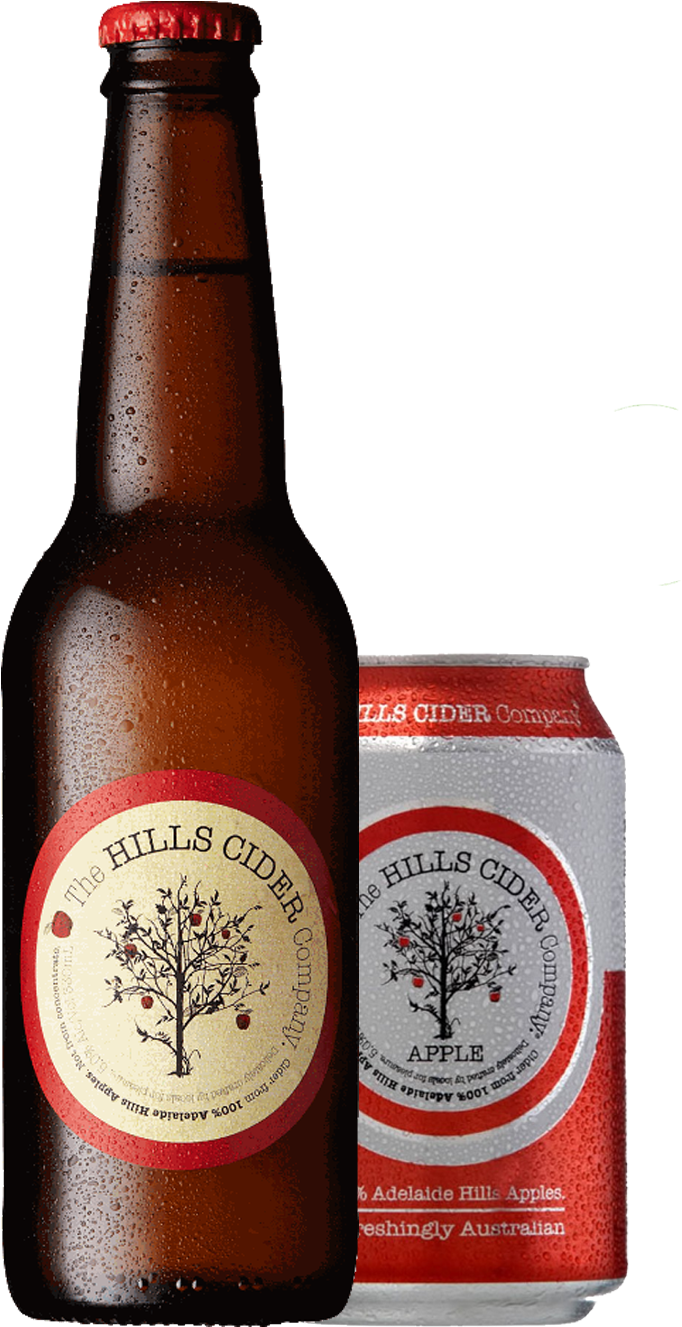 Hills Cider 瓶與罐 壁紙 — 冰凍琥珀色玻璃瓶和銀色罐裝蘋果酒，紅色標籤上印有蘋果樹圖案。