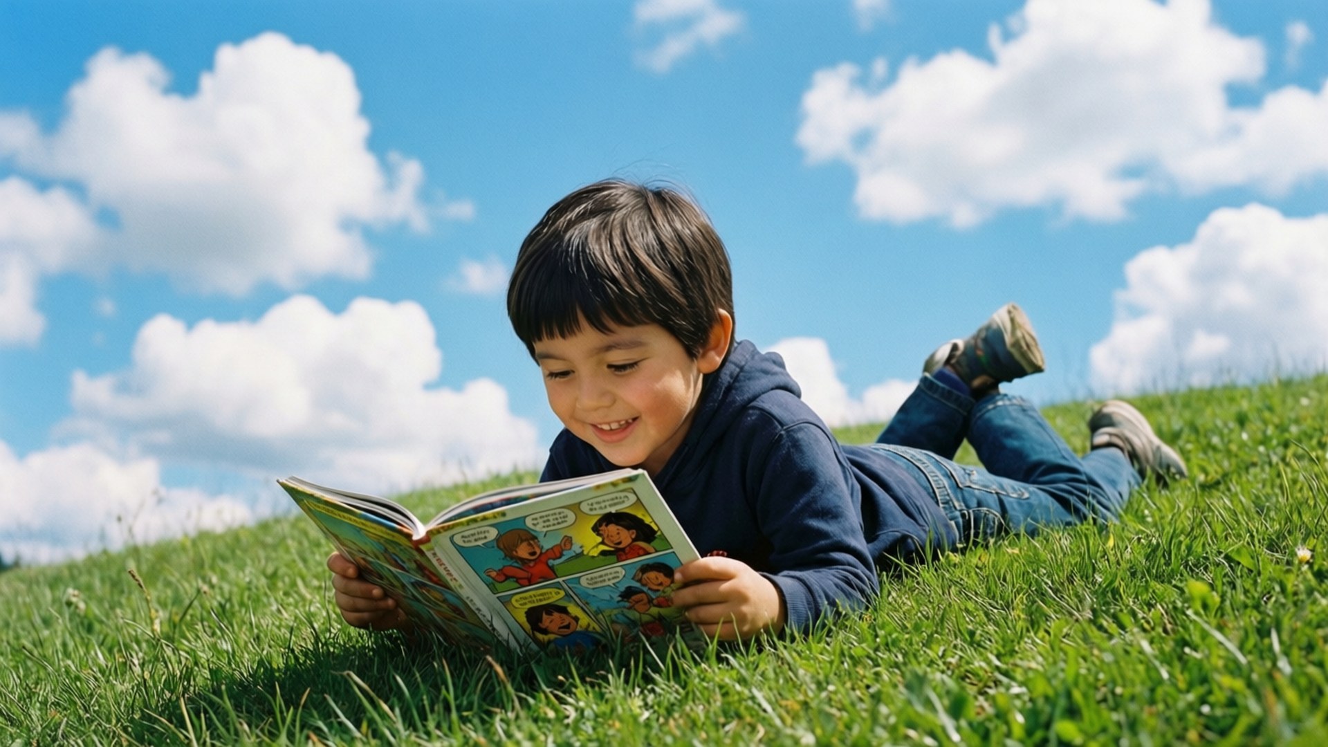 一個小男孩躺在草地上閱讀漫畫書，在陽光明媚的天空下有雲