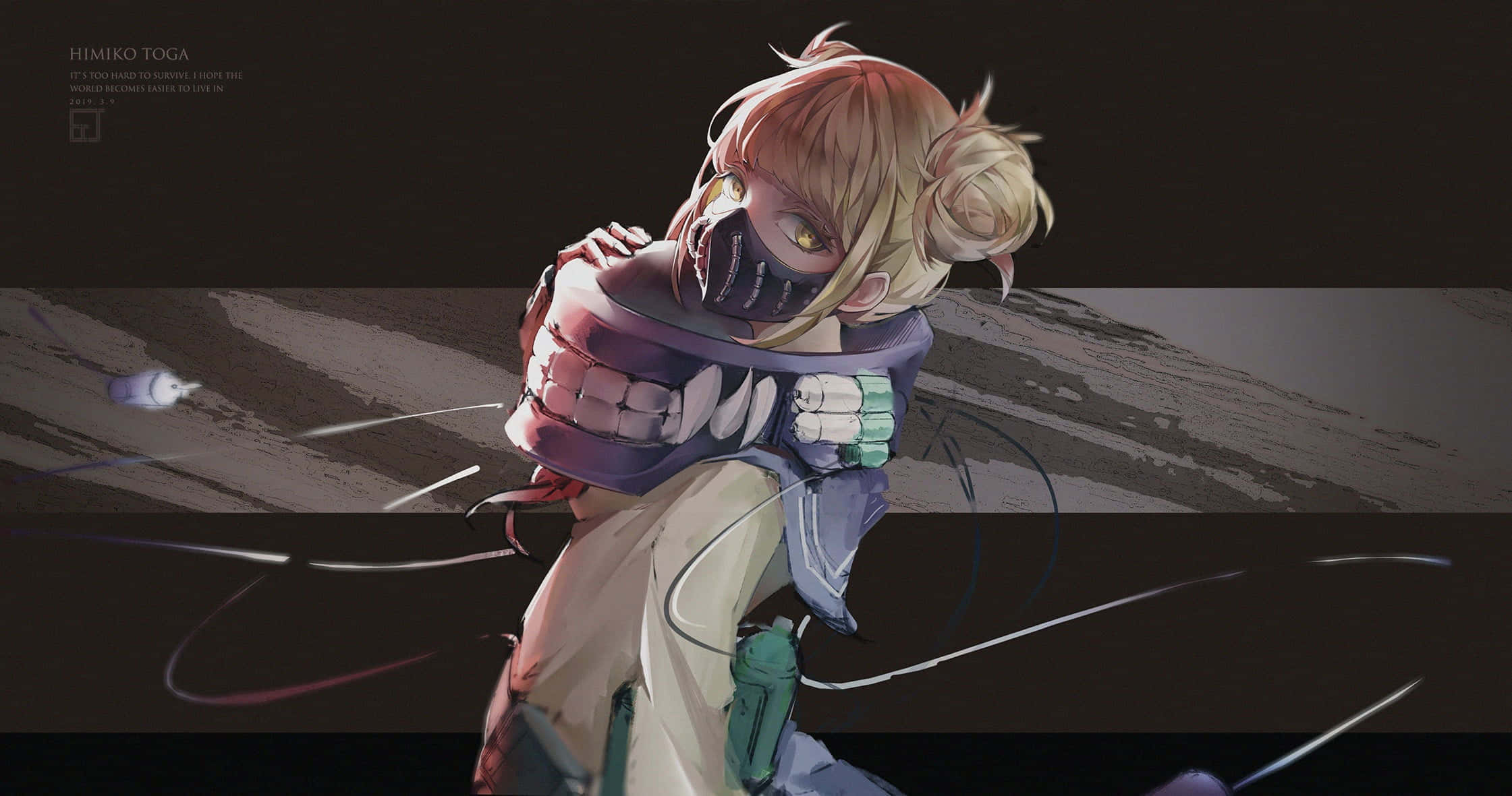 釋放內在的惡魔：Himiko Toga 的獨特時尚風格 壁紙 — 一個堅定的動漫女孩，金髮，戴著面具，在黑暗粗糙的背景中緊握著一把大型武器。