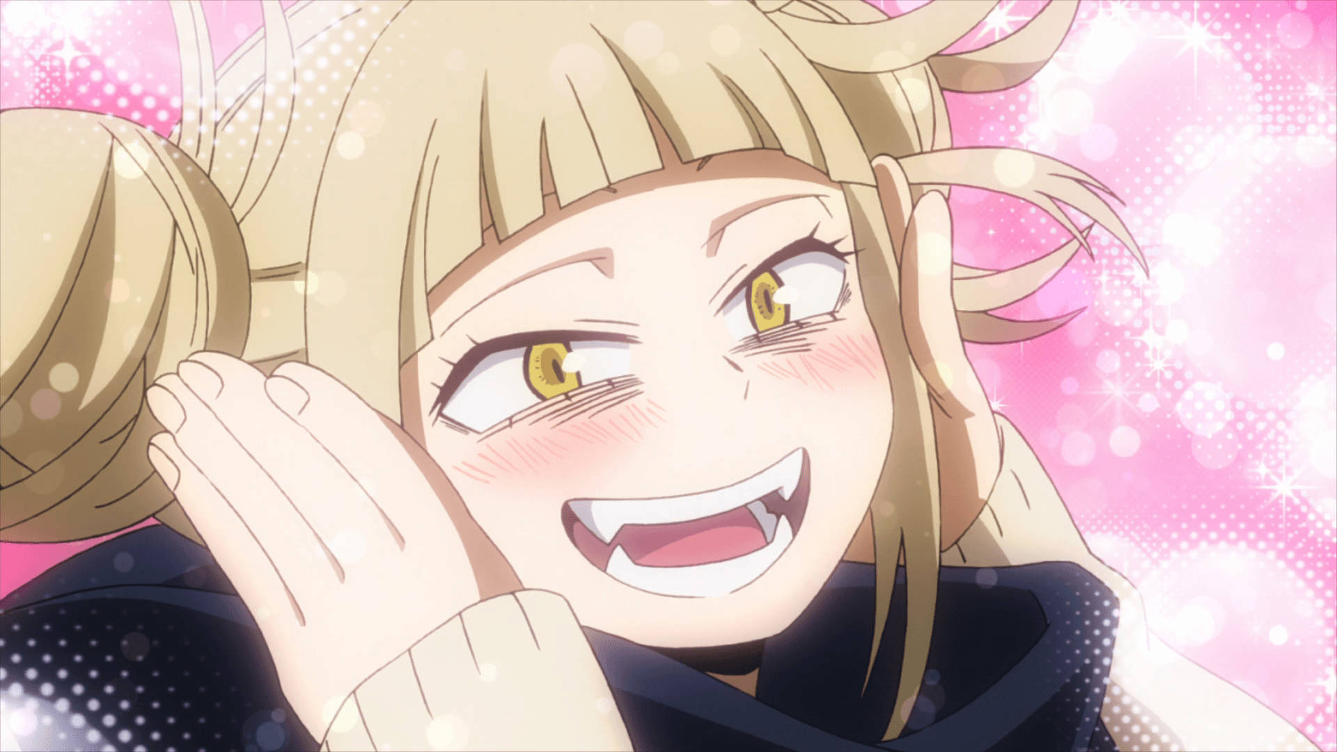 Himiko Toga 動畫反派 壁紙 — 一位開朗的動漫女孩，金髮黃眼，雙手捧著臉頰，在閃閃發光的粉紅色背景前咧嘴大笑。