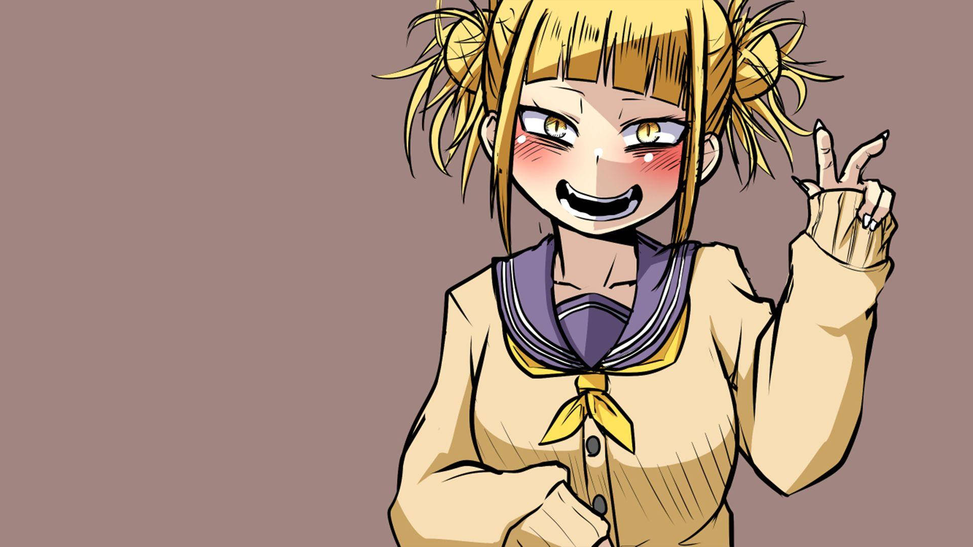 Himiko Toga 動畫風格同人圖 壁紙 — 一個開心的動畫女孩，金色雙馬尾，穿著水手服，微笑著比出和平手勢。